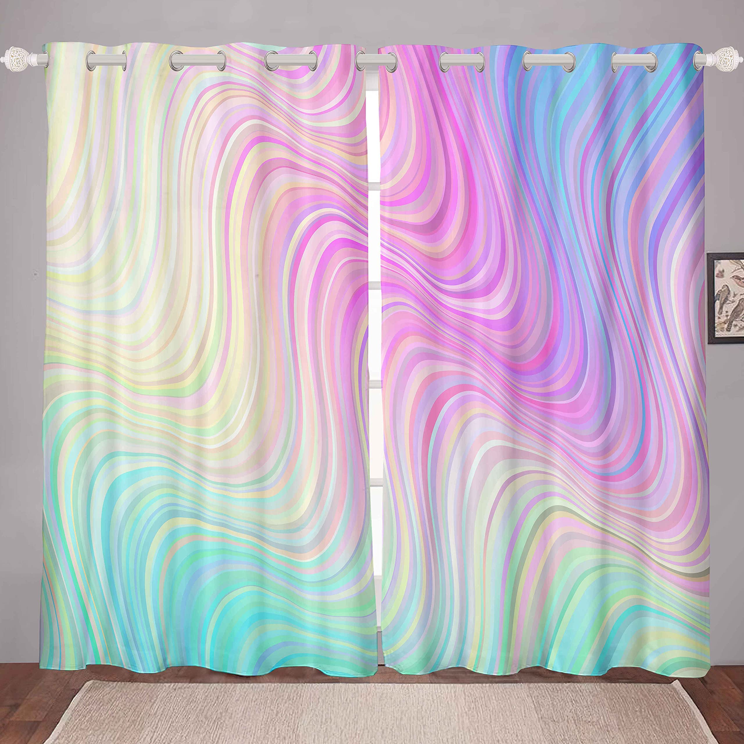 Modern Marble Window Treatments Girls Pastel Rainbow Marble Printed Curtains for Children Kids Teens Chic Luxury Colorful Stripe Lines Window Drapes Window Curtain Room Decor W66*L72