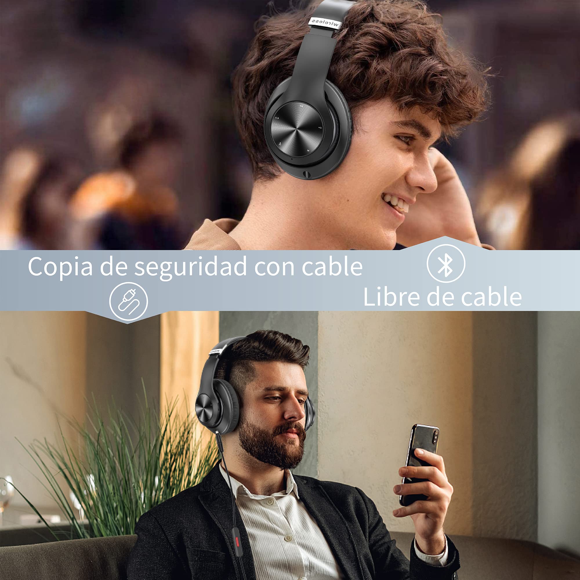 9S Auriculares Inalambricos Bluetooth Plegables, 60 Horas de Reproducción Cascos Inalambricos Bluetooth Diadema Estéreo HiFi con Micrófono, 6EQ Modos, Soporte Micro TF/FM, Para PC/TV/Fones (Negro)