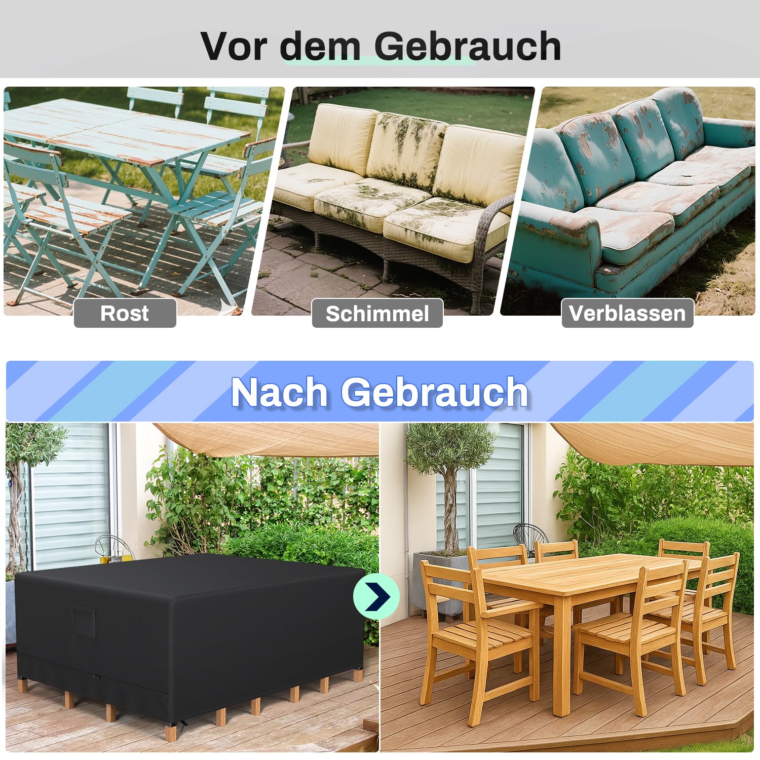 Beschermhoes voor tuinmeubelen, 200 x 160 x 70 cm, beschermhoes voor tuinmeubelen, waterdicht, dekzeil voor tuintafel van Oxford-stof, 600D