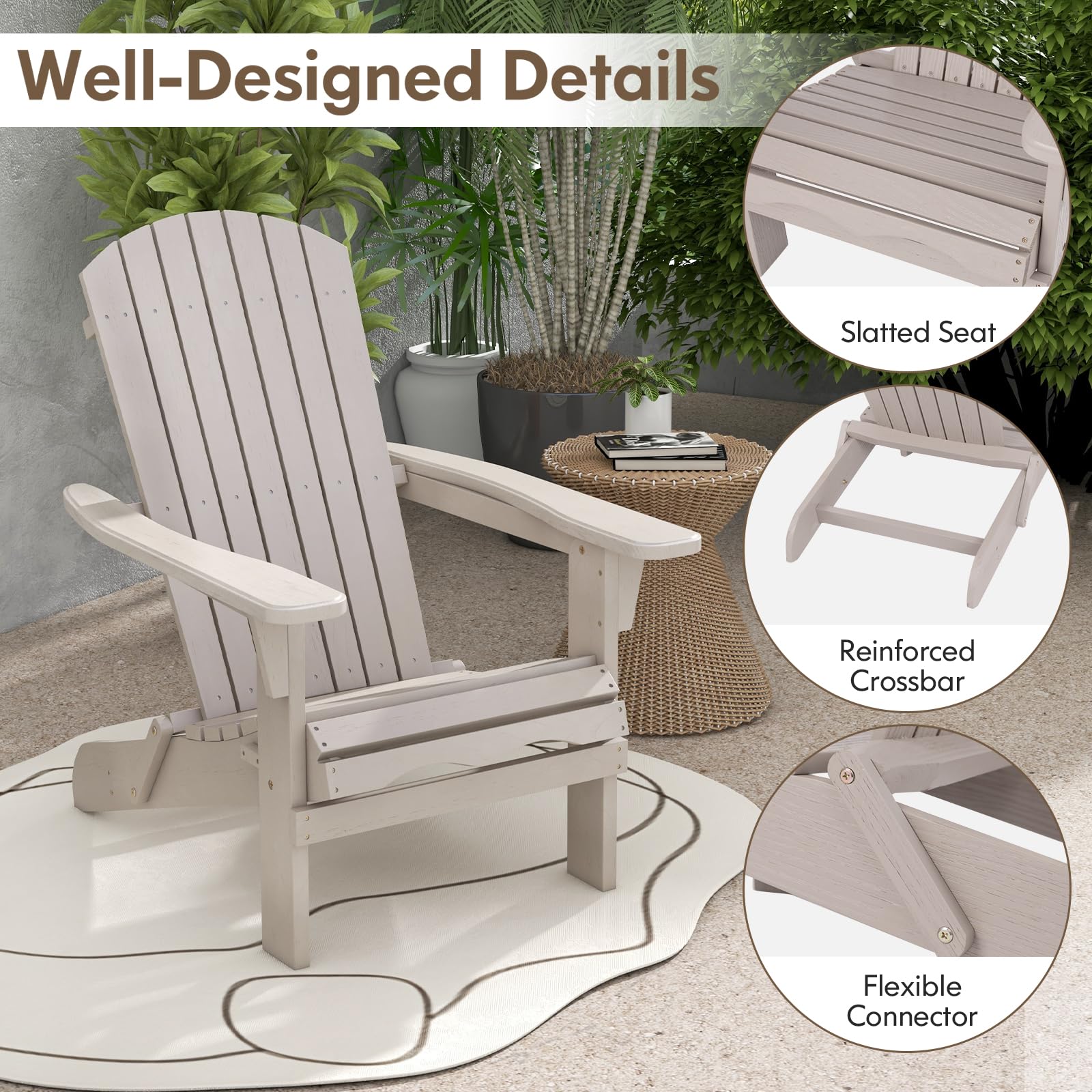 KOMFOTTEU Silla Adirondack Plegable, Silla de Jardín de Madera de Abeto, Silla Tumbona con Respaldo Alto y Reposabrazos, Sillón de Exterior Carga 180 kg para Patio, Terraza, Balcón (Gris x 2)