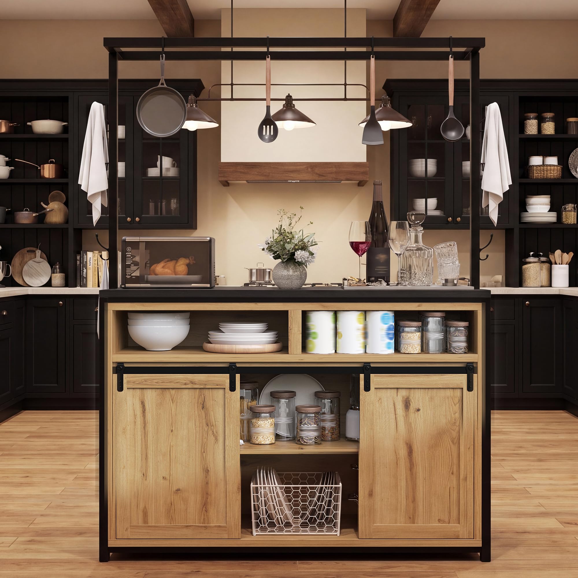 Kücheninselschrank 183 cm mit Arbeitsplatte, Stromanschluss & Hängeregal – Küchenschrank mit viel Stauraum für Küche & Esszimmer, Holzoptik