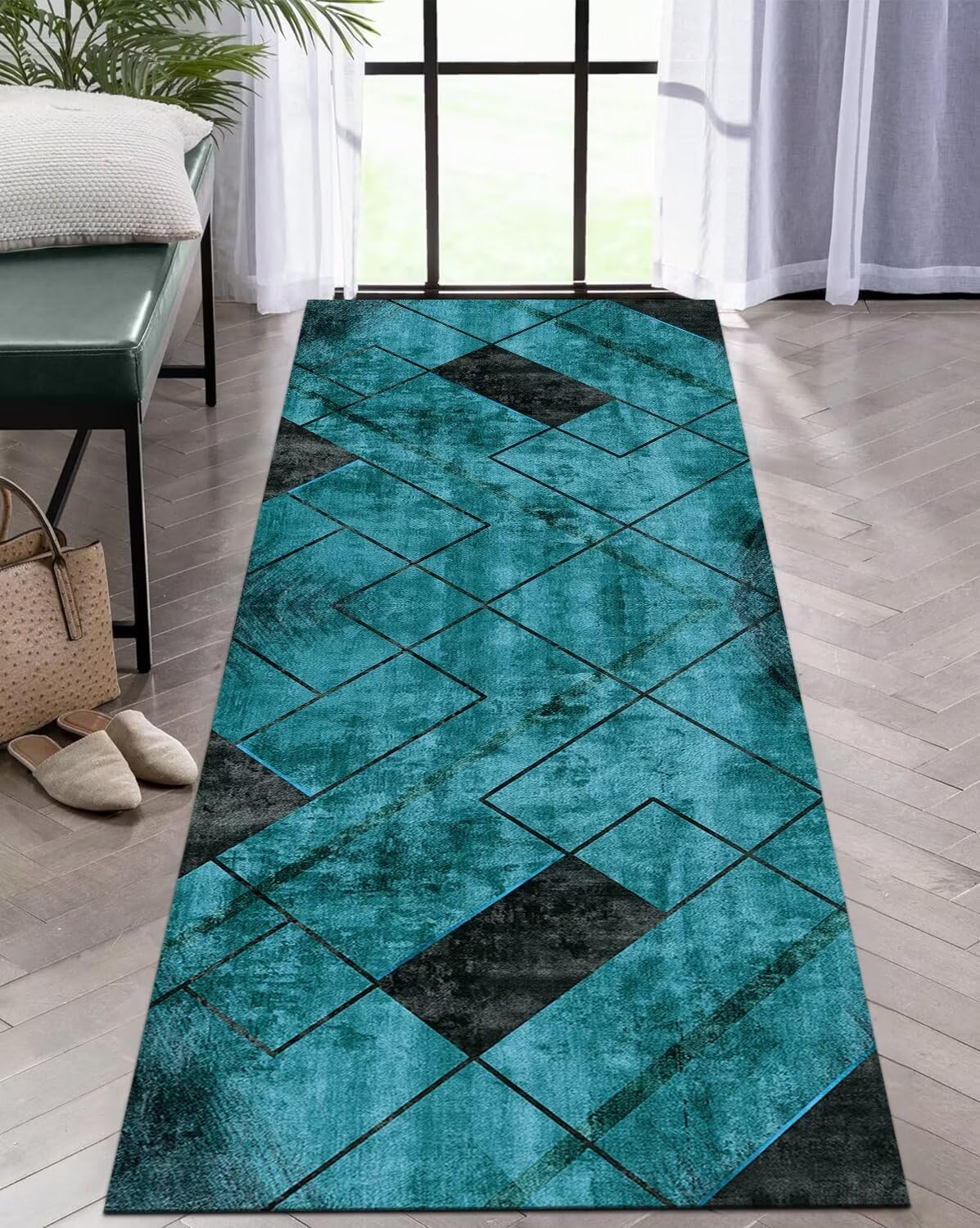 Läufer Flur Küche Waschbar rutschfest 70X140CM Teppichläufer Lang Küchenteppich Flurteppich Cyan Küchenläufer Teppichmatten Korridor Wohnzimmer Schlafzimmer Meterware Schmutzfangmatte Fußmatte