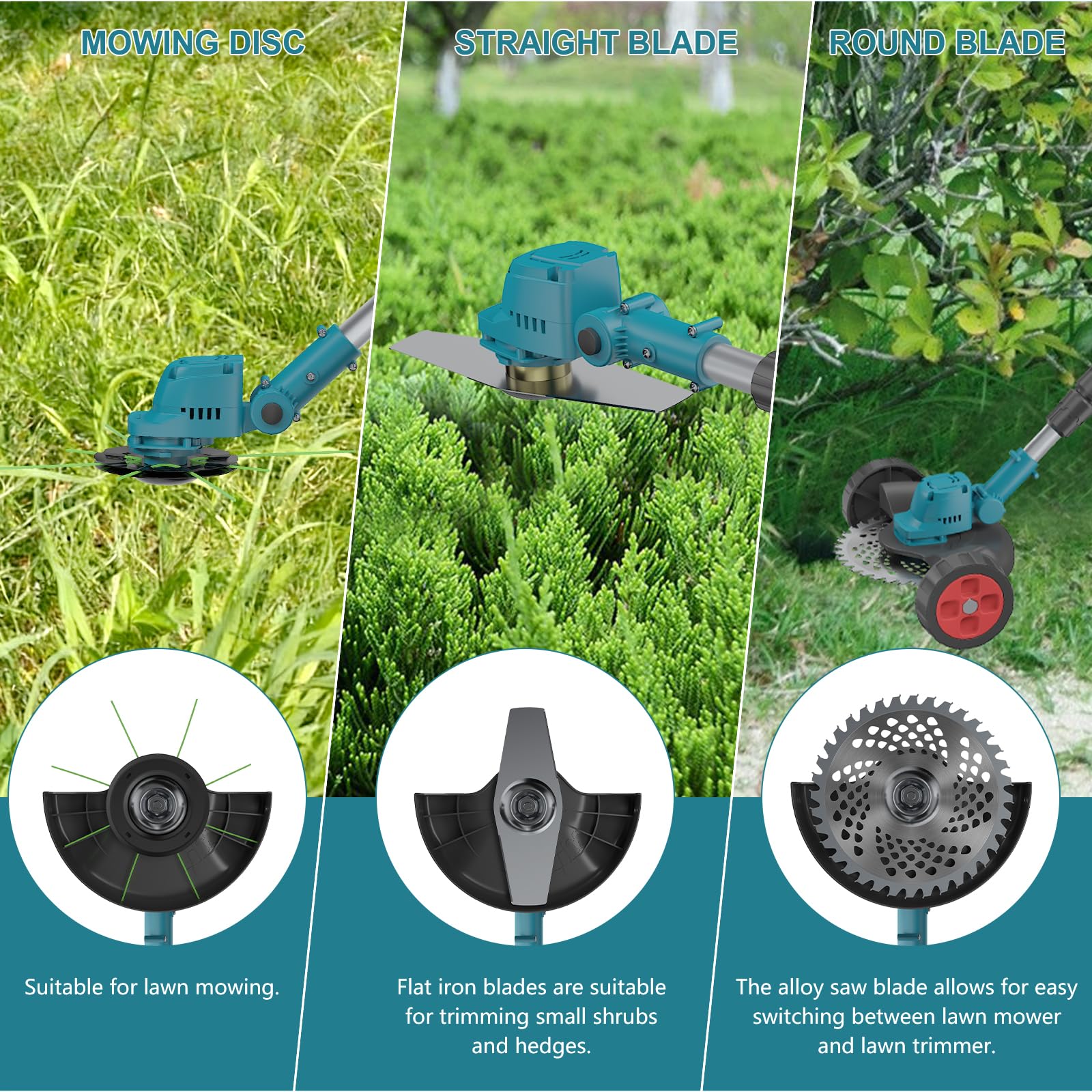 Decespugliatore a batteria senza cavo, 4000 W, decespugliatore elettrico pieghevole, con batteria e 3 lame, larghezza di taglio 23 cm, lunghezza retrattile, per giardino, prato e patio (blu a batteria