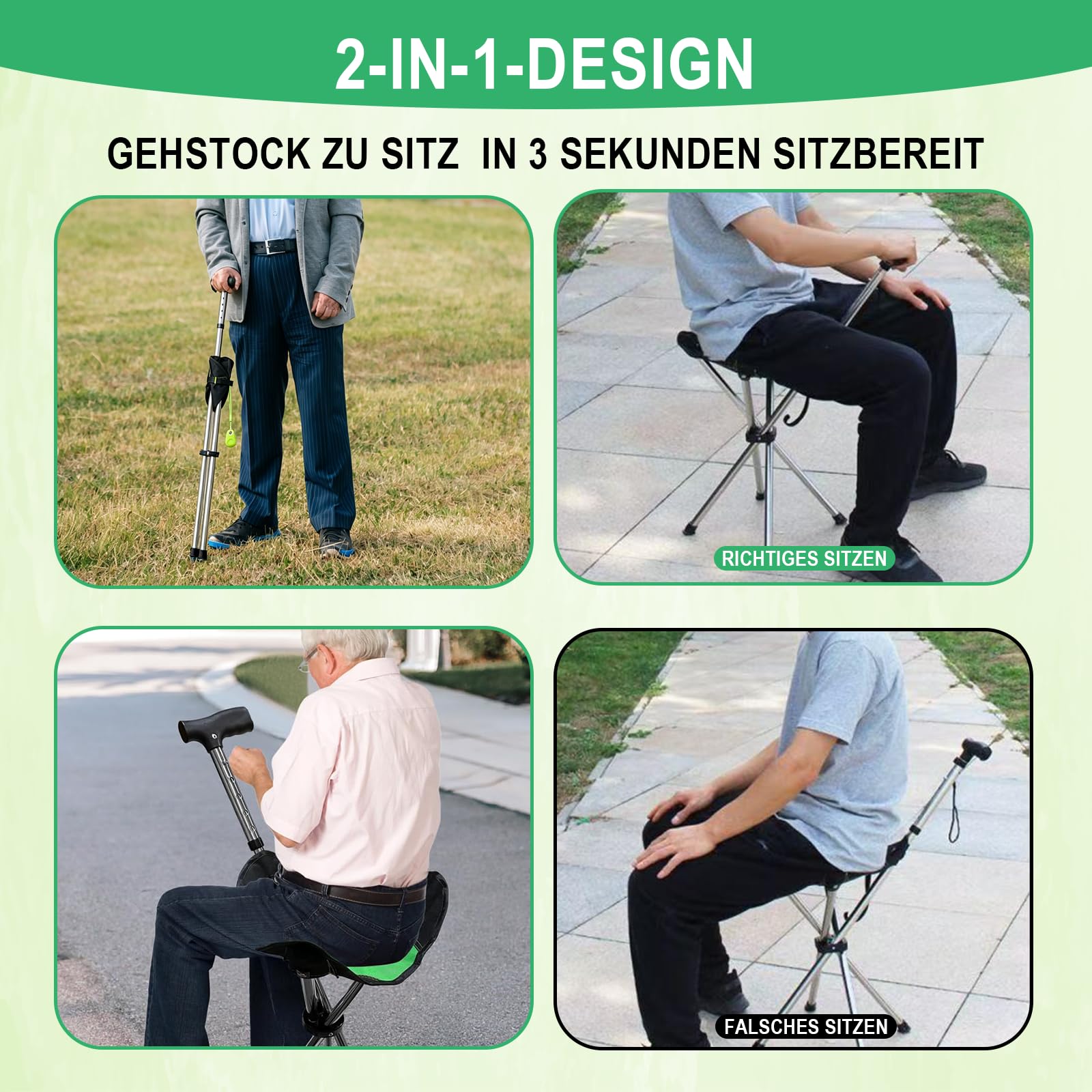 86-98 cm Gehstock mit Sitz Klappbarer Gehstock mit Verstellbarer Sitzstock