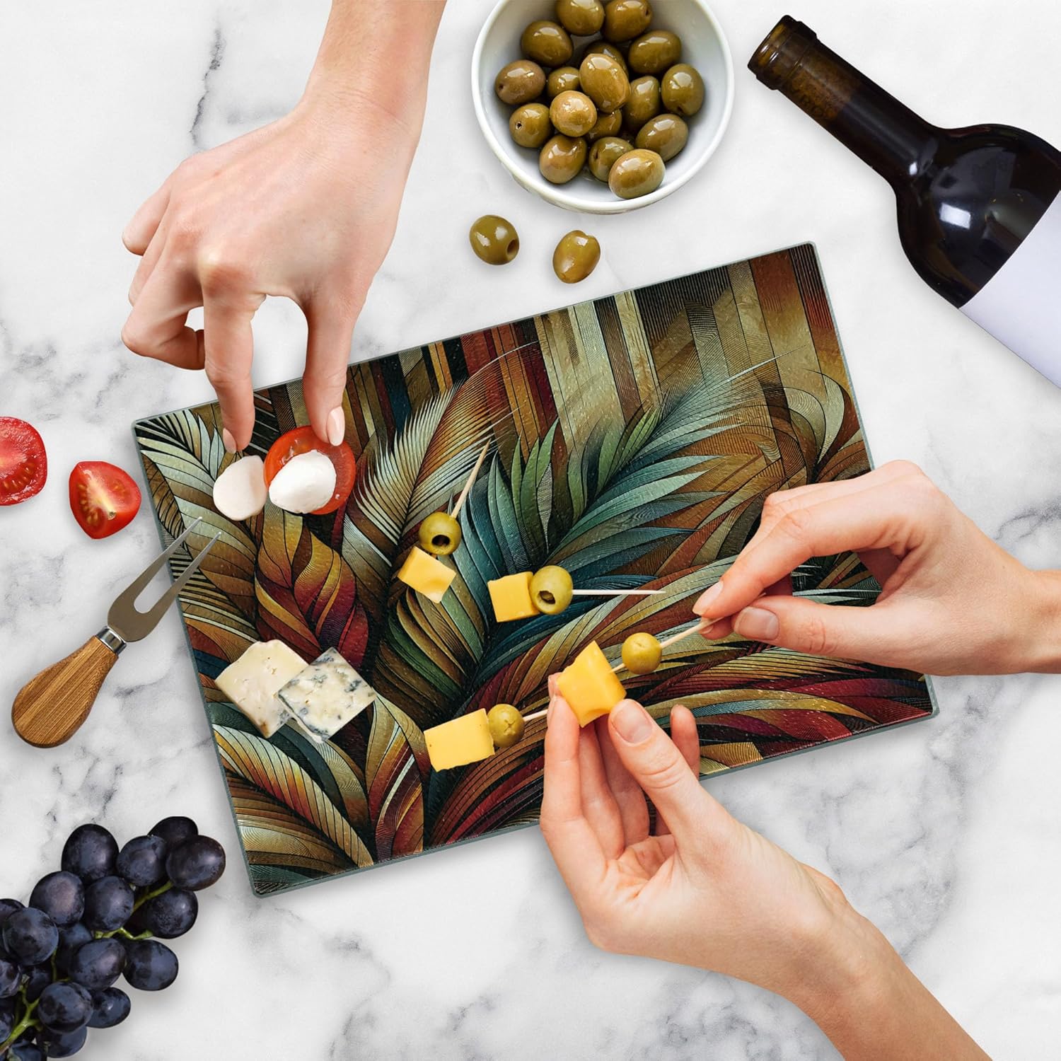 Ambesonne Aesthetic Cutting Board, Boho Concept in Bold Exotic Leaves in Warm Tones on Rustic Back, Decorative Tempered Glass Cutting and Serving Board, Small Size, Burnt Orange Teal and Blue