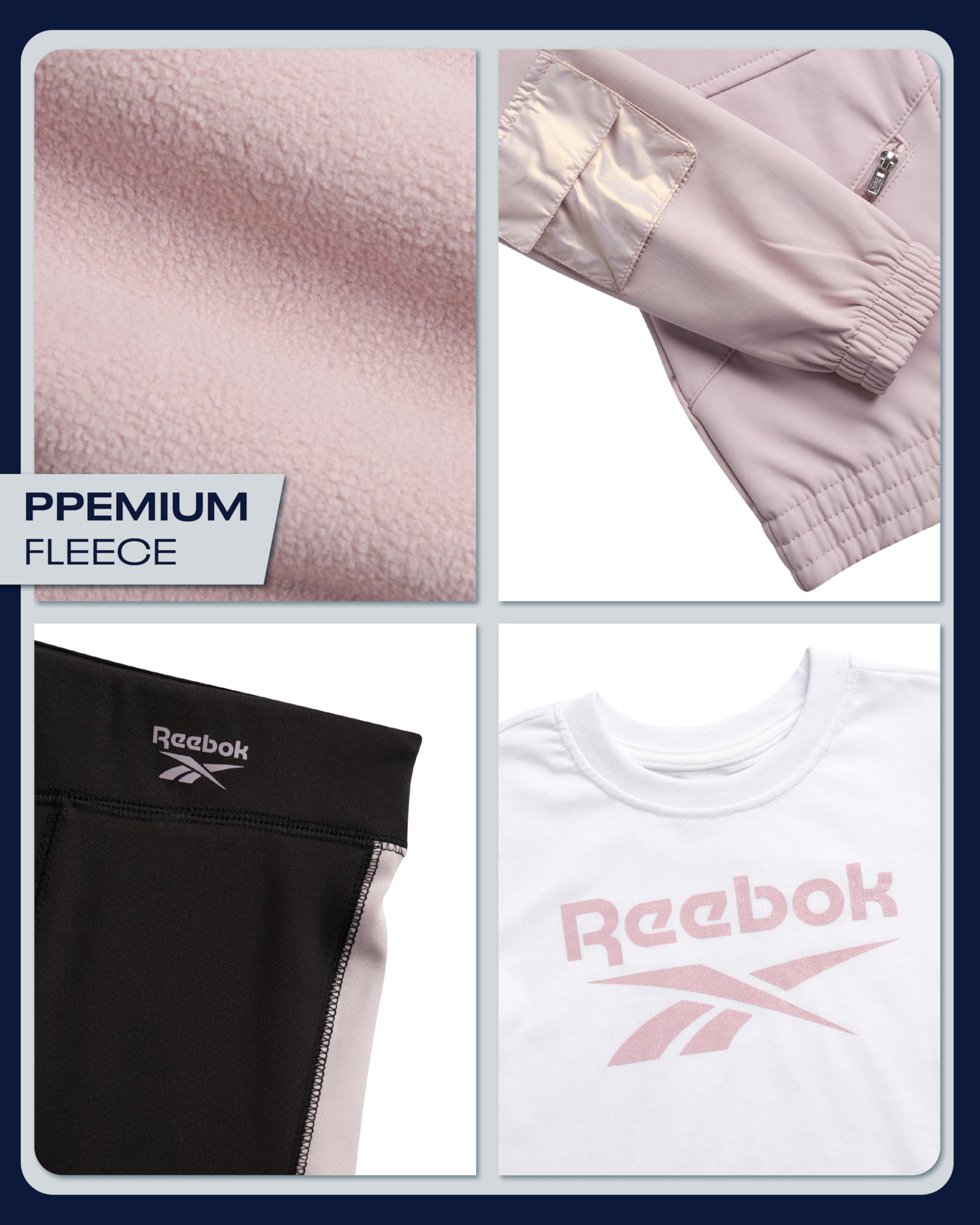 Reebok Set di abbigliamento sportivo per bambine e bambine, 3 pezzi, in pile, con felpa con cappuccio e pantaloni da jogging