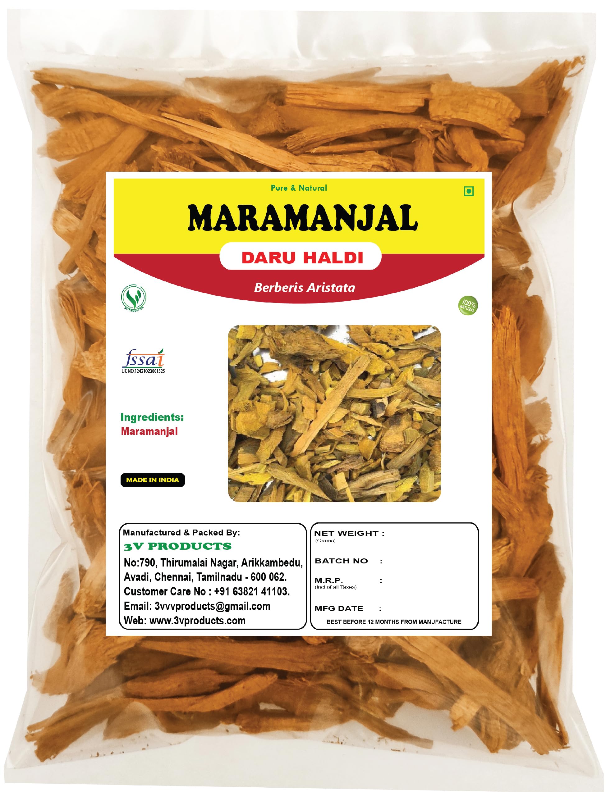 3V PRODUCTS Dried Maramanjal Bark 100g | Daru Haldi | Daruharidra | Berberis Aristata | Indian Berberry Bark (Crushed)