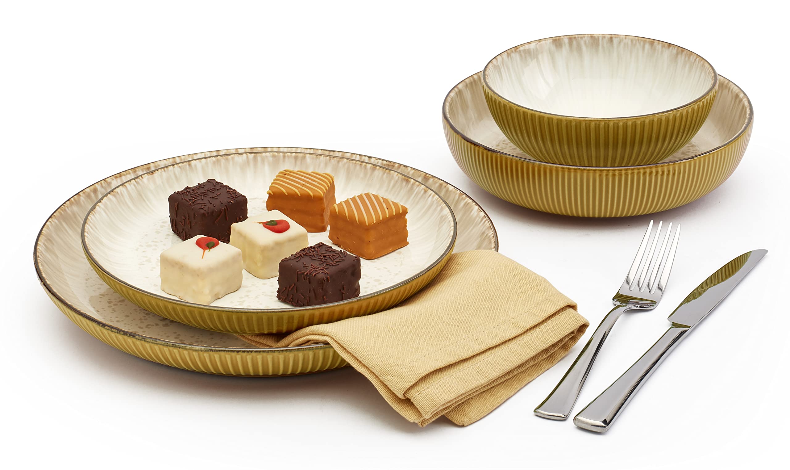 Tabletops Gallery Speckled Farmhouse Collection - Servicio de platos de gres para 4 cenas, ensaladas, aperitivos, postres, platos de postre, juego de vajilla Jura en relieve de 16 piezas en color