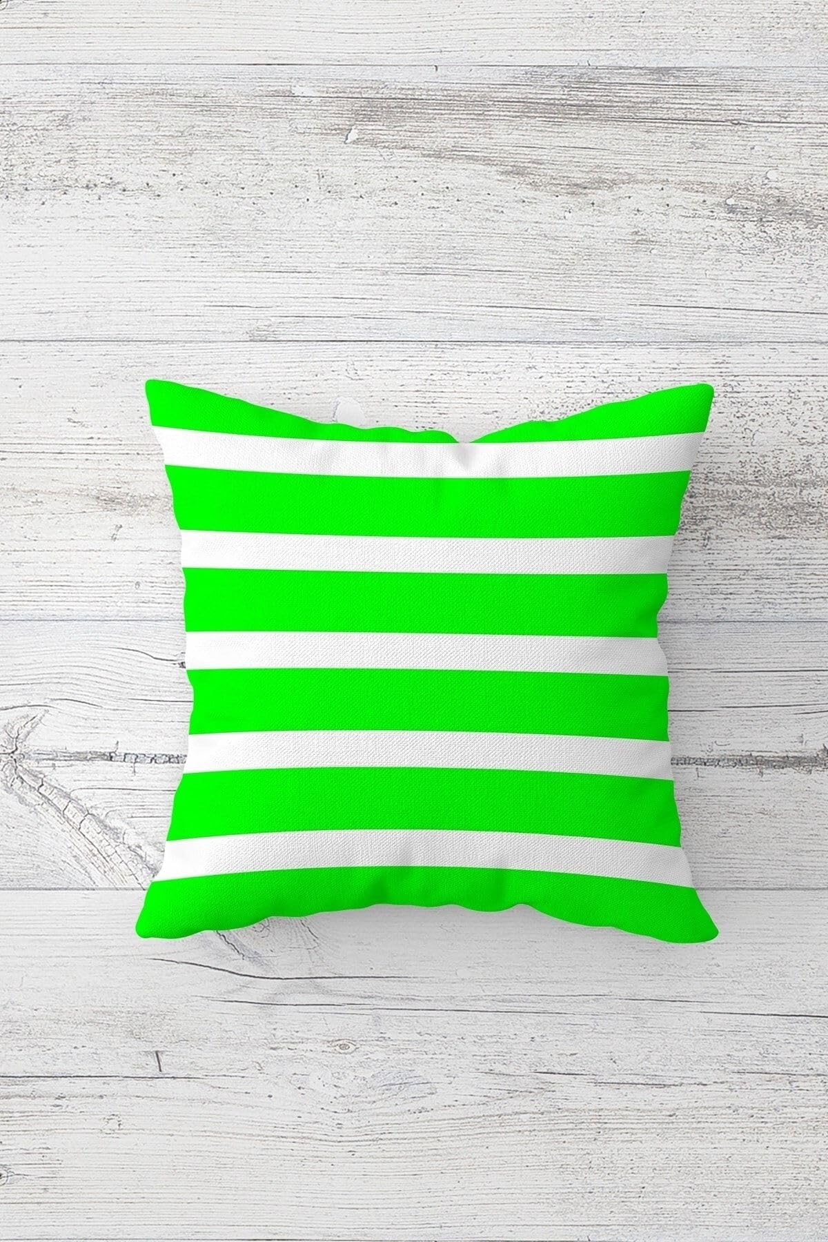 Pelangi L & Çiçek Desenli Çizgili Kombin Gizli Fermuarlı Kırlent Kılıfı Koltuk Yastık Kılıfı Takım(4adet), Neon Yeşil-Fuşya 45 x 45