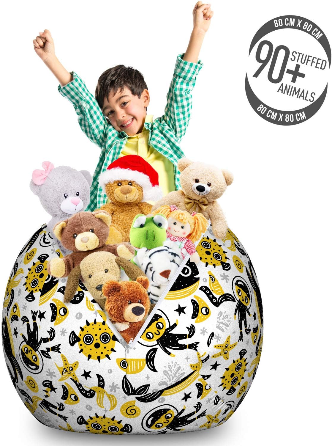 Ambesonne Fish Storage Toy Bag Chair, Underwater Fish Starfish Octopus Whale Coral Aquarium Doodle, Stuffed Animal Organizer Washable Bag, Large Size, Earth Yellow Black and White