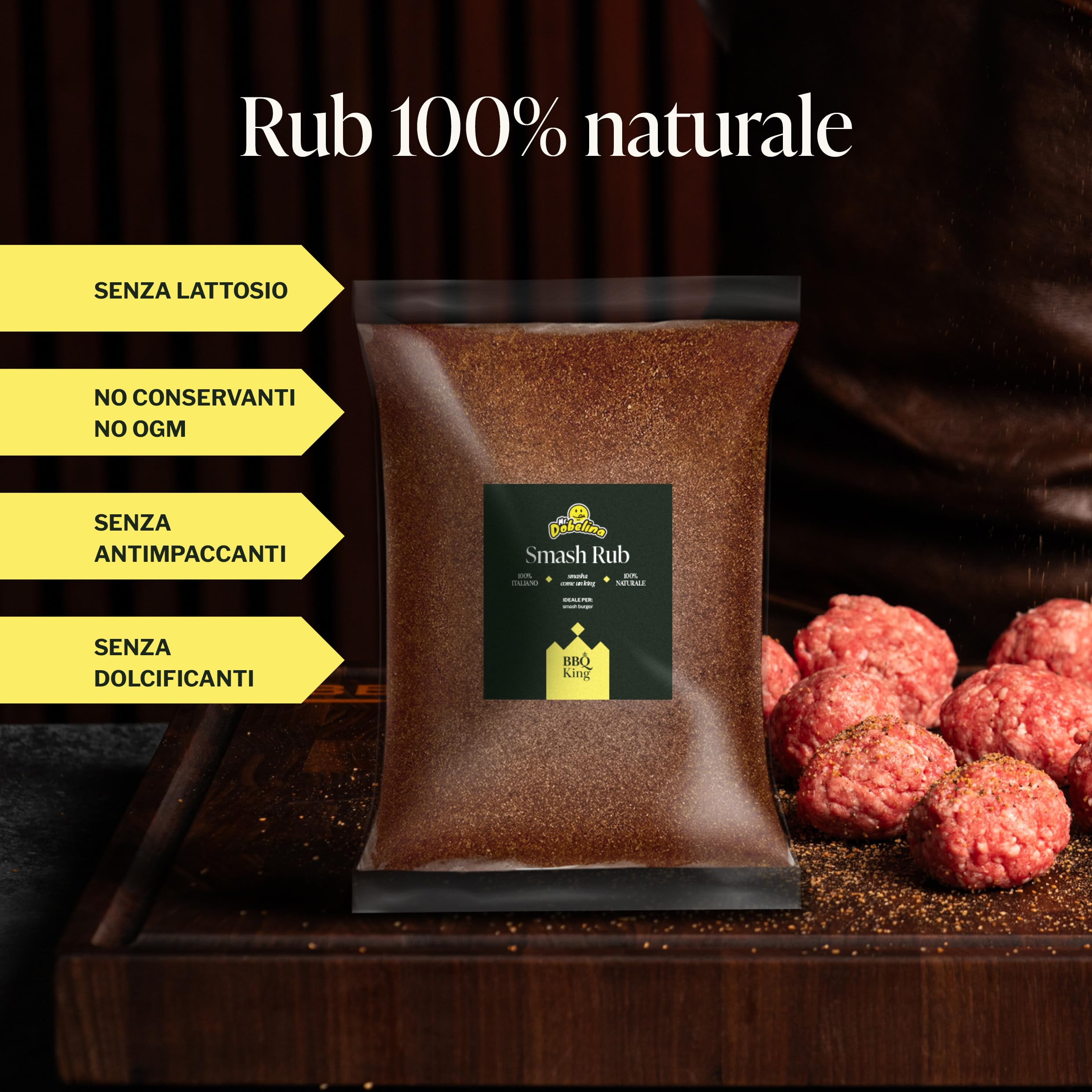 BBQ KING - Smash Rub Envase de 1 kg, Dry Rub para Smash Burger y bistecs, 100% Made in Italy, con cebolla frita tostada, creado en colaboración con MrDobelina