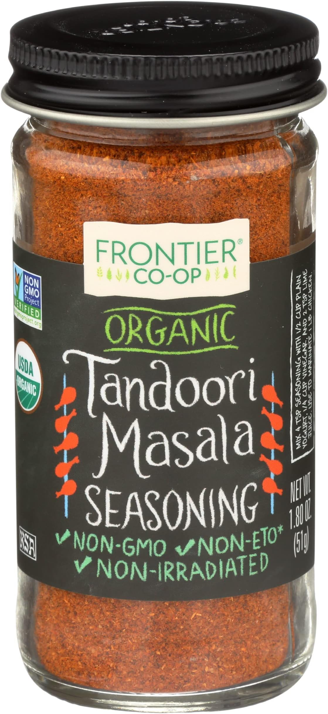 Frontier Co-op Organic Tandoori Masala Seasoning, Paprika, Cumin, Coriander, Garlic, Ginger, Cardamom Spice Blend | 1.8 Ounce (Pack of 1)