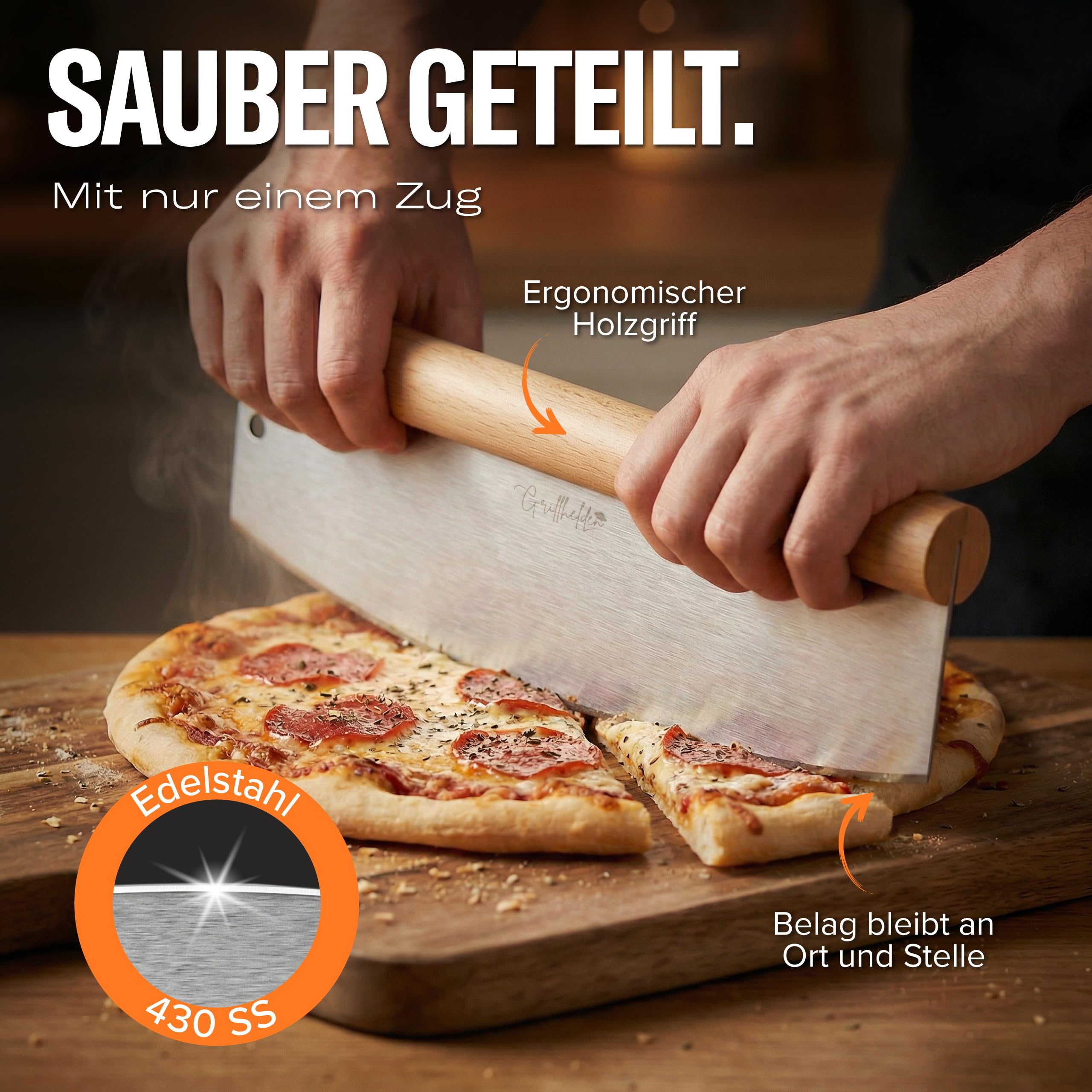 Pizzaschieber Set mit Pizzaschneider - großer perforierter Pizzaschieber mit Antihaft-Beschichtung - Pizzamesser Wiegemesser mit Holzgriff - Pizza Zubehör für Backofen und Pizzaofen