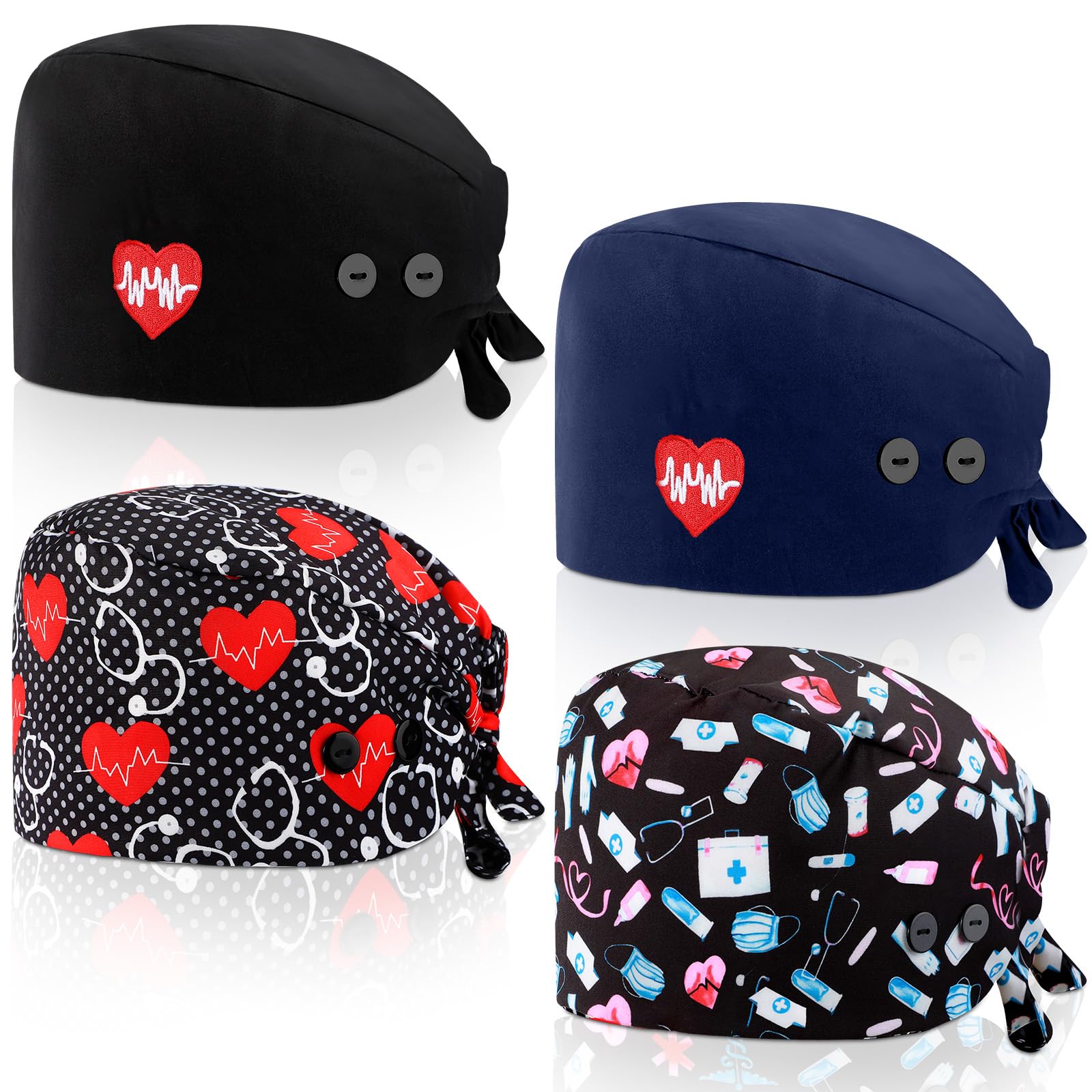 Unittype 4 Pcs Nurse Caps for Women Nursing Working Caps with Button and Sweatband Adjustable Elastic Scrub Hats for Dentist