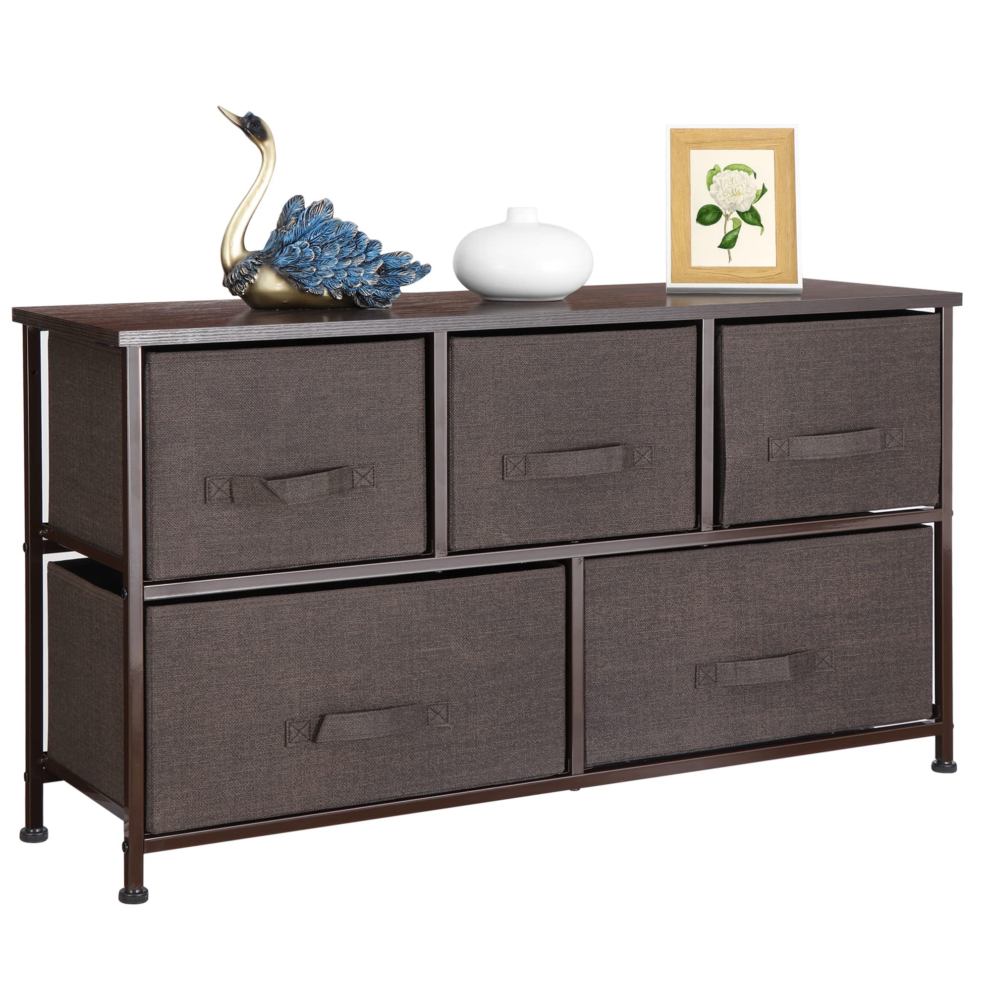ZENY Extra Wide Dresser Storage Tower - Storage Tower Unit for Bedroom, Hallway, Closet, Office Organization - Steel Frame, Wood Top, Easy Pull Fabric Bins - 5 Drawers