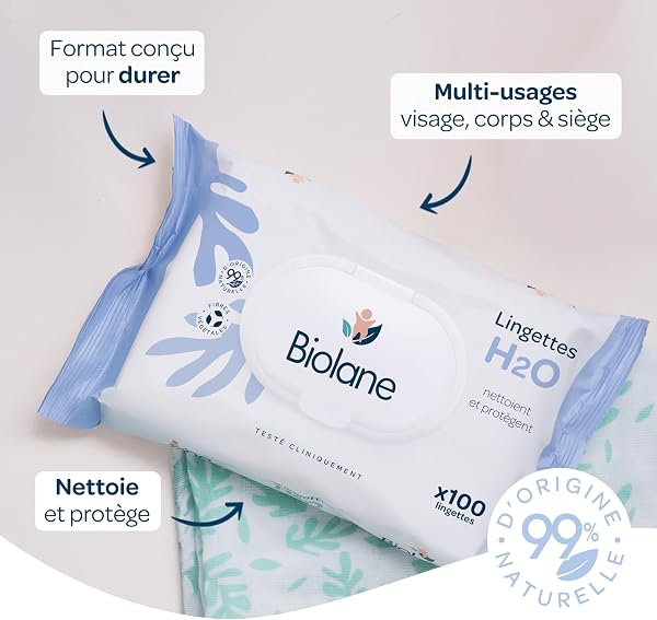 BIOLANE - Lingettes bébé à l'eau - Paquet de 100 Lingettes - Format conçu pour durer - Nettoyage doux et efficace - Dès la naissance - 99% d'origine naturelle - 2