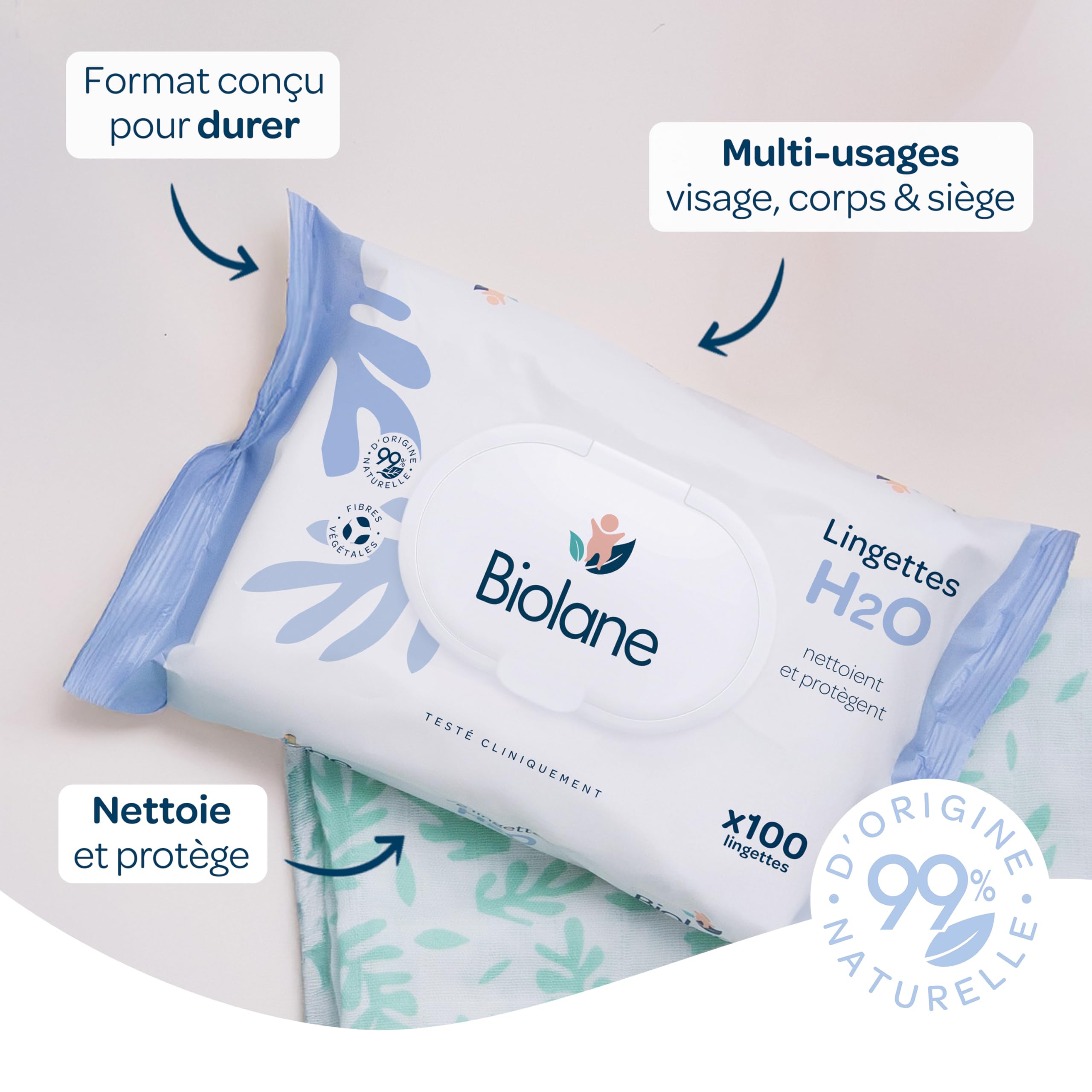 BIOLANE - Lingettes bébé à l'eau - Paquet de 100 Lingettes - Format conçu pour durer - Nettoyage doux et efficace - Dès la naissance - 99% d'origine naturelle