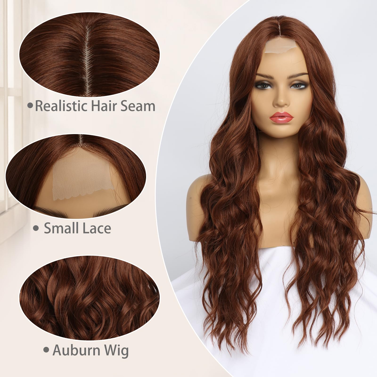 SeclitWu Long Ginger Wavy Wig for Women Middle Part Wavy Wigs Natural Looking Synthetic Heat Resistant Fiber Wig for Party Daily Use (26 Inch) - Image 2