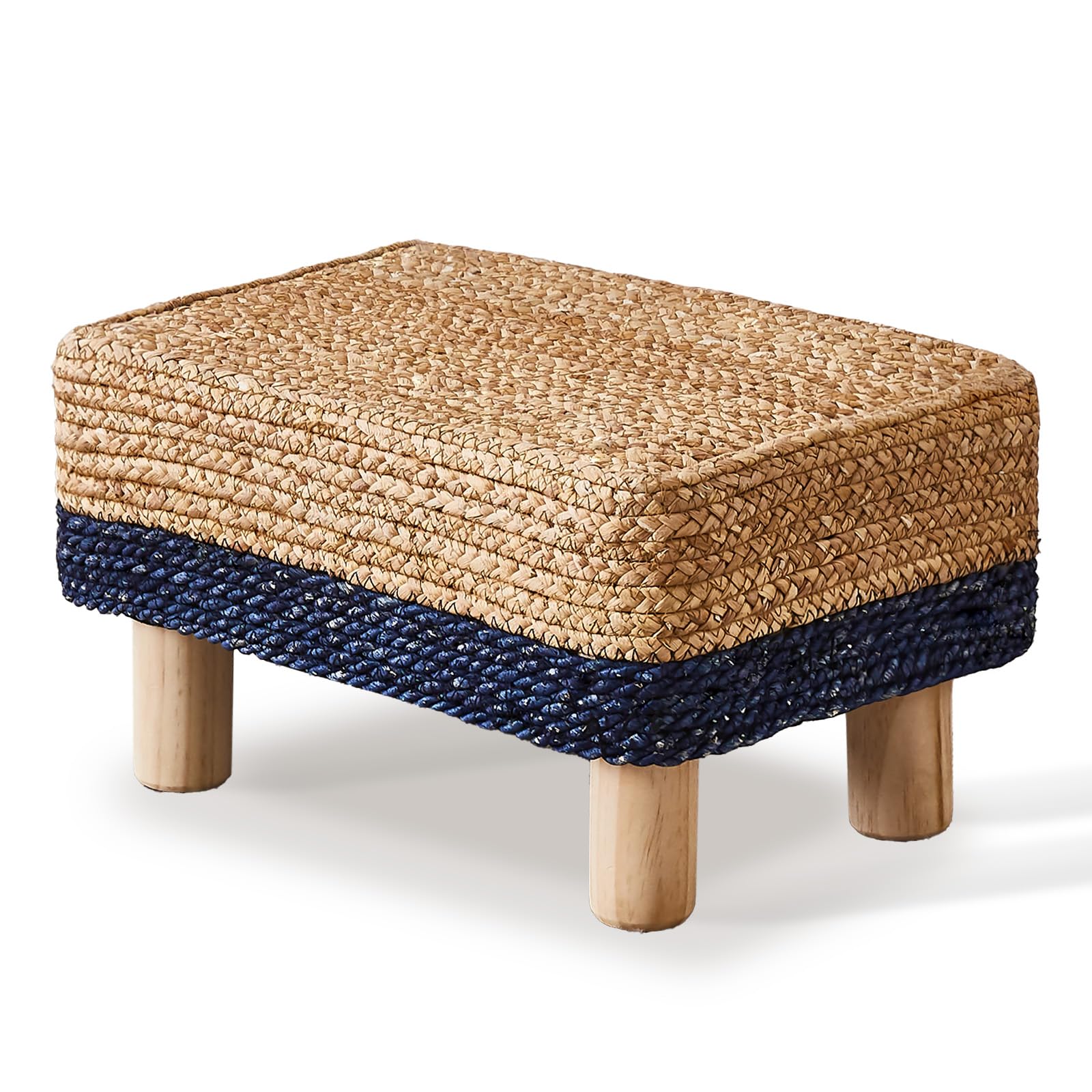 Cpintltr Foot Stool Ottoman Rectangular Footrest Pouf Ottomans Natural Seagrass Footstool with Wooden Legs Hand Weave Step Stool for Living Room Bedroom Entryway Blue
