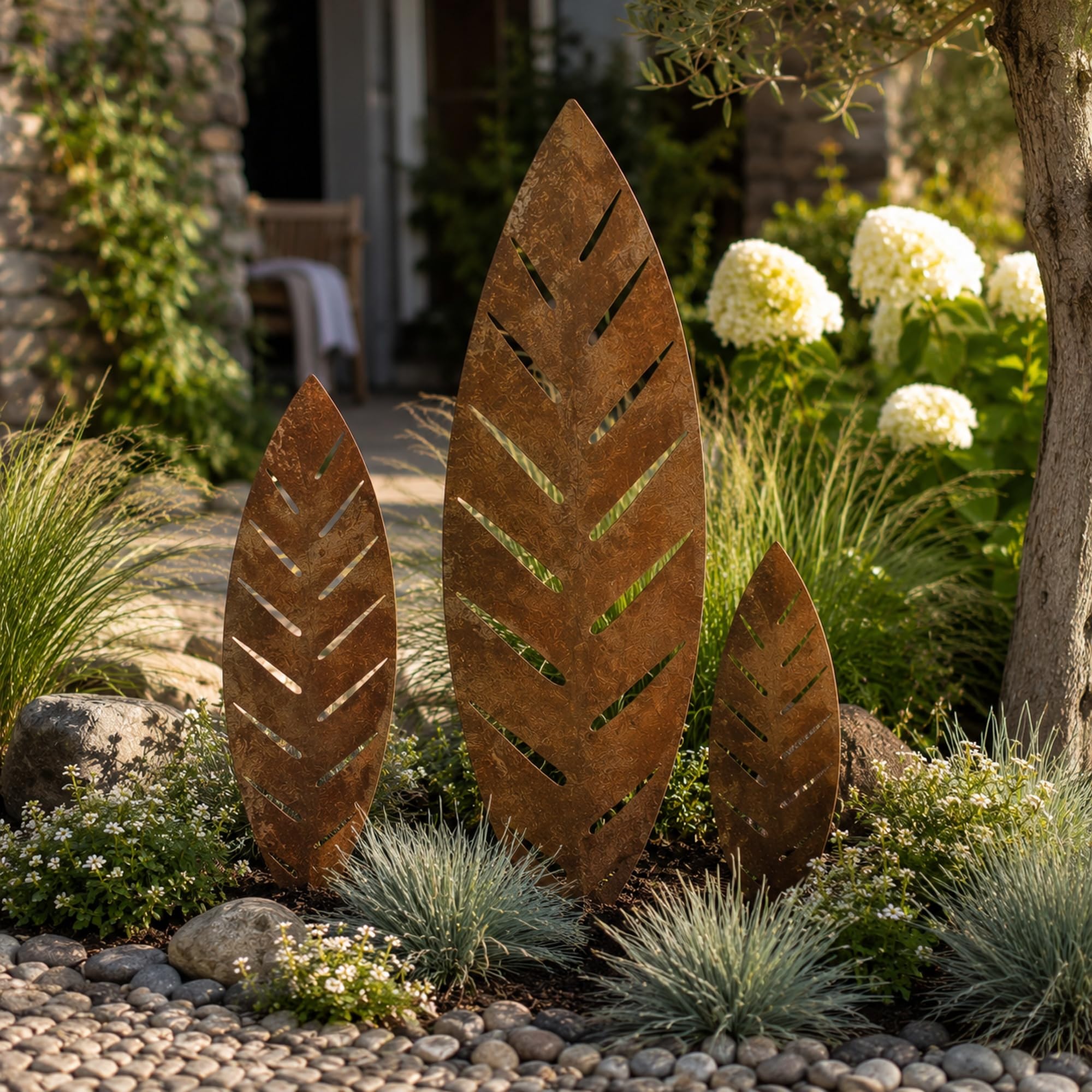 UNUS Set di 3 decorazioni da giardino con foglia di palma, effetto ruggine, foglie decorative in metallo arrugginito, per giardino, balcone, terrazza o vaso di fiori, resistente alle intemperie