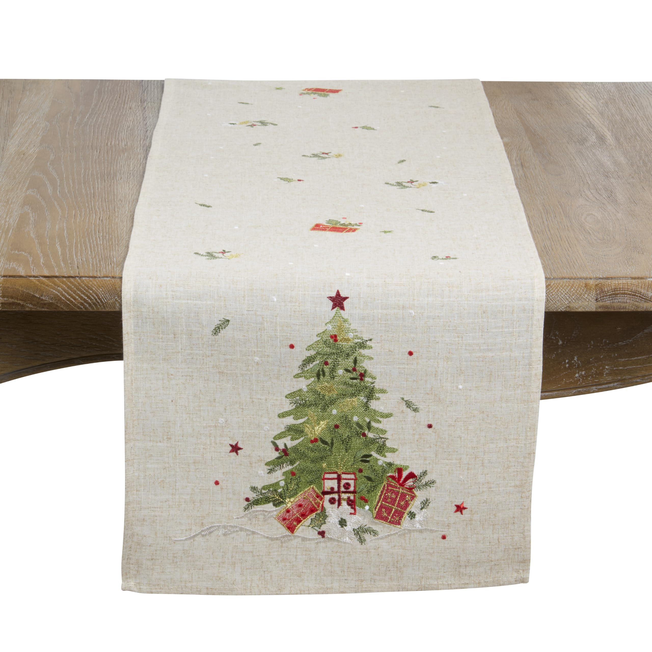 SARO LIFESTYLE Embroidered Christmas Tree Linen Blend Table Runner - Holiday Table Runner for Christmas Dining Tables, Festive Winter Entertaining, and Holiday Party Tablescapes, 16"x70", Natural