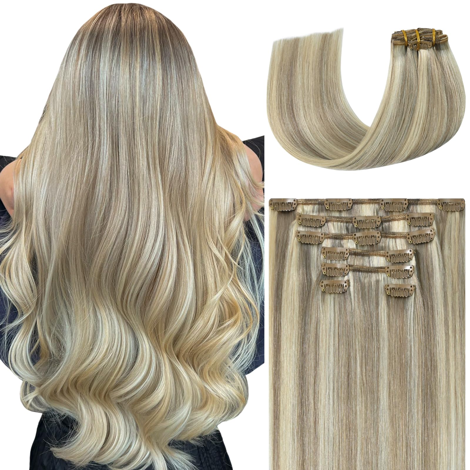 Ukira Ash Blonde Clip in Hair Extensions Real Human Hair, 15 Inch 75g 7pcs 18/613 Mixed Bleach Blonde Hair Extensions Remy Human Hair Clip in