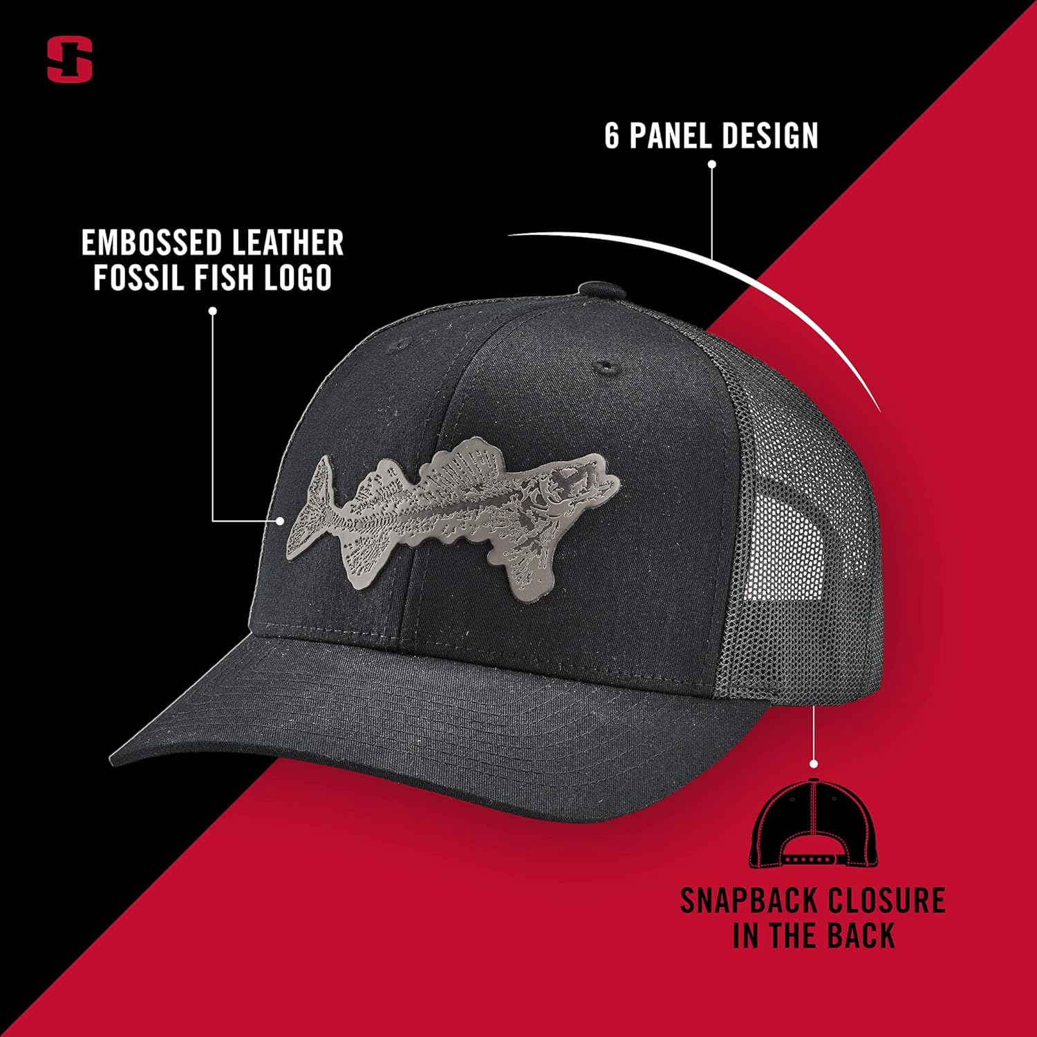 Striker Unisex Fossil Fish Patch Trucker 6-Panel Structured Mesh-Back Casual Outdoor Fishing Cap with Embossed Leather Logo