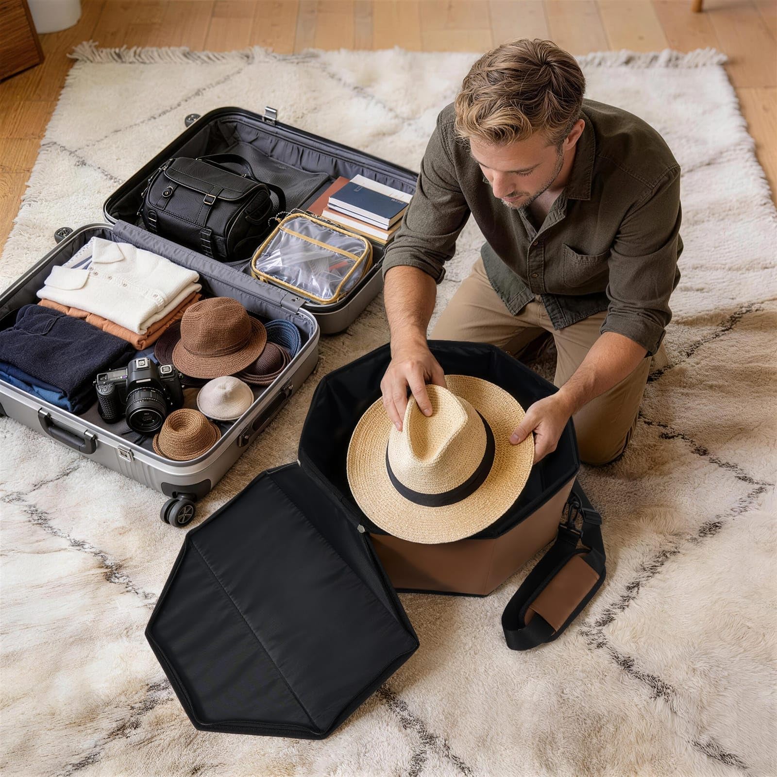 WERNNSAI Hut-Aufbewahrungsbox für Cowboy- und breite Krempe, achteckig, Kunstleder, Reiseetui mit elastischen Bändern, Tragegriff, abnehmbarer Schultergurt, staubdicht, für Reisen und Zuhause