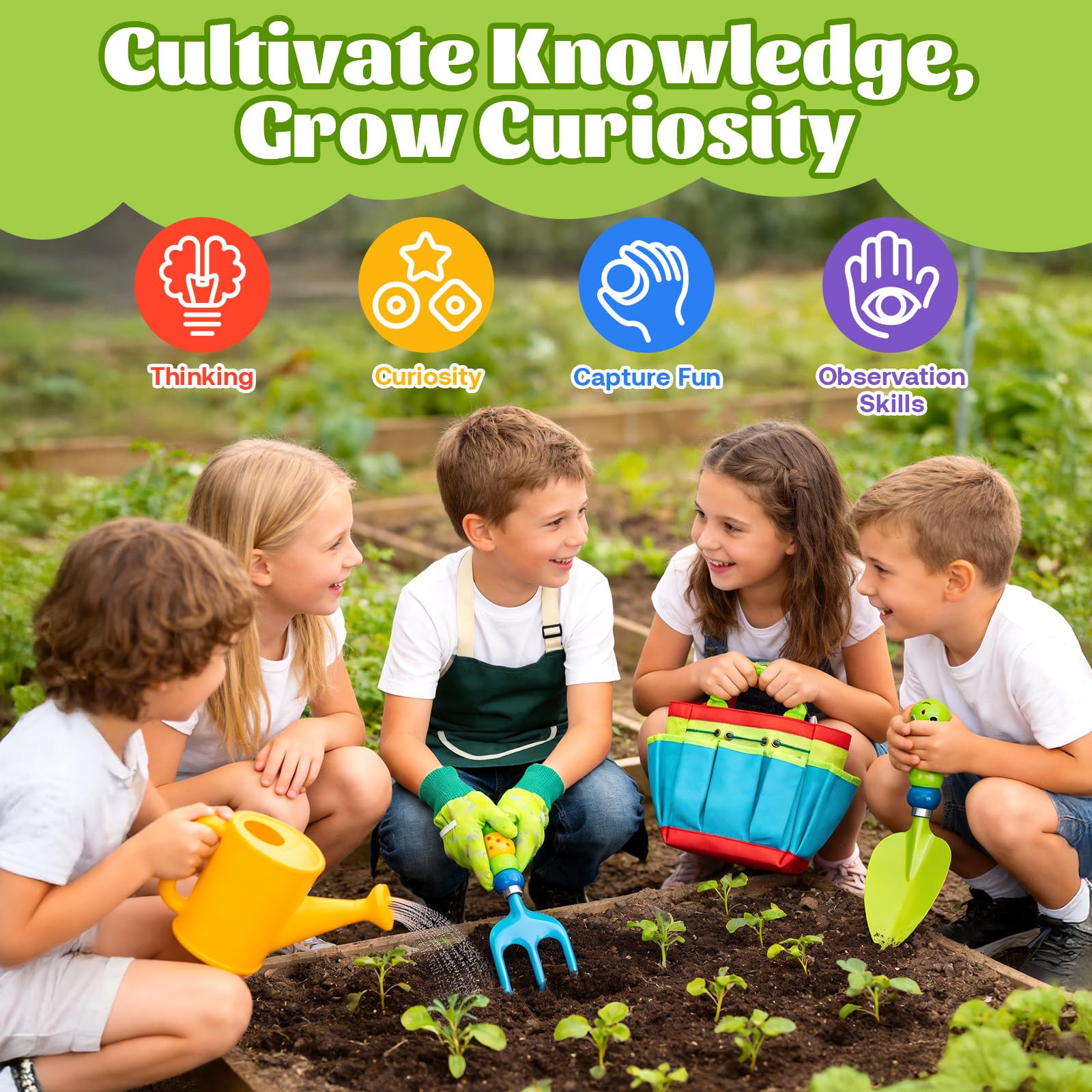 Set di Attrezzi da Giardinaggio: Set Attrezzi Giardino Bambini, Strumenti in Metallo, Annaffiatoio, Guanti da Giardinaggio, 10 Pezzi Kit, Bambina 3+ Anni, Giochi A ll'aperto Regalo