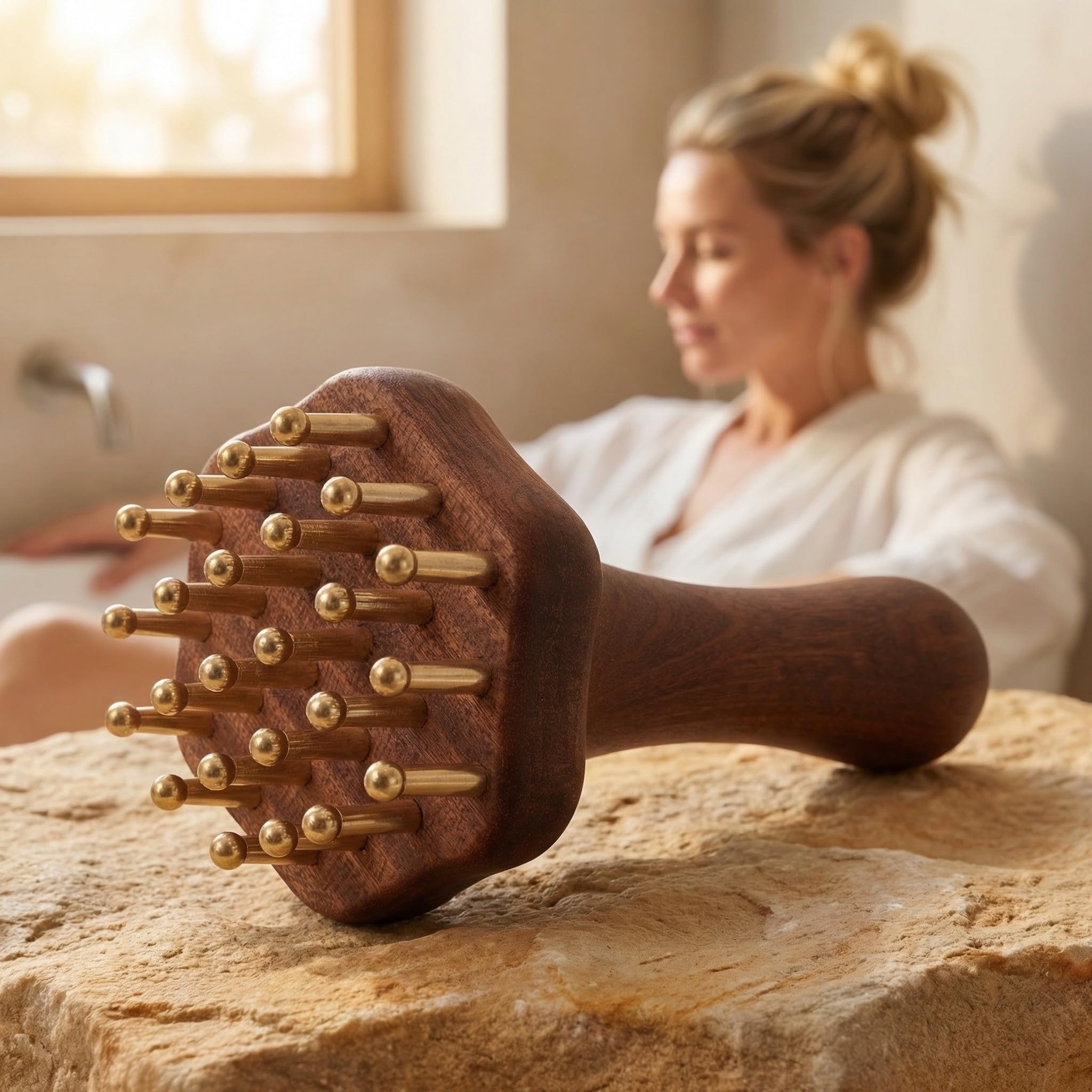 Kisangel Peine masajeador ergonómico de madera y latón con 24 dientes para cuidado corporal y capilar, ideal para spa en casa, pack de 2 unidades