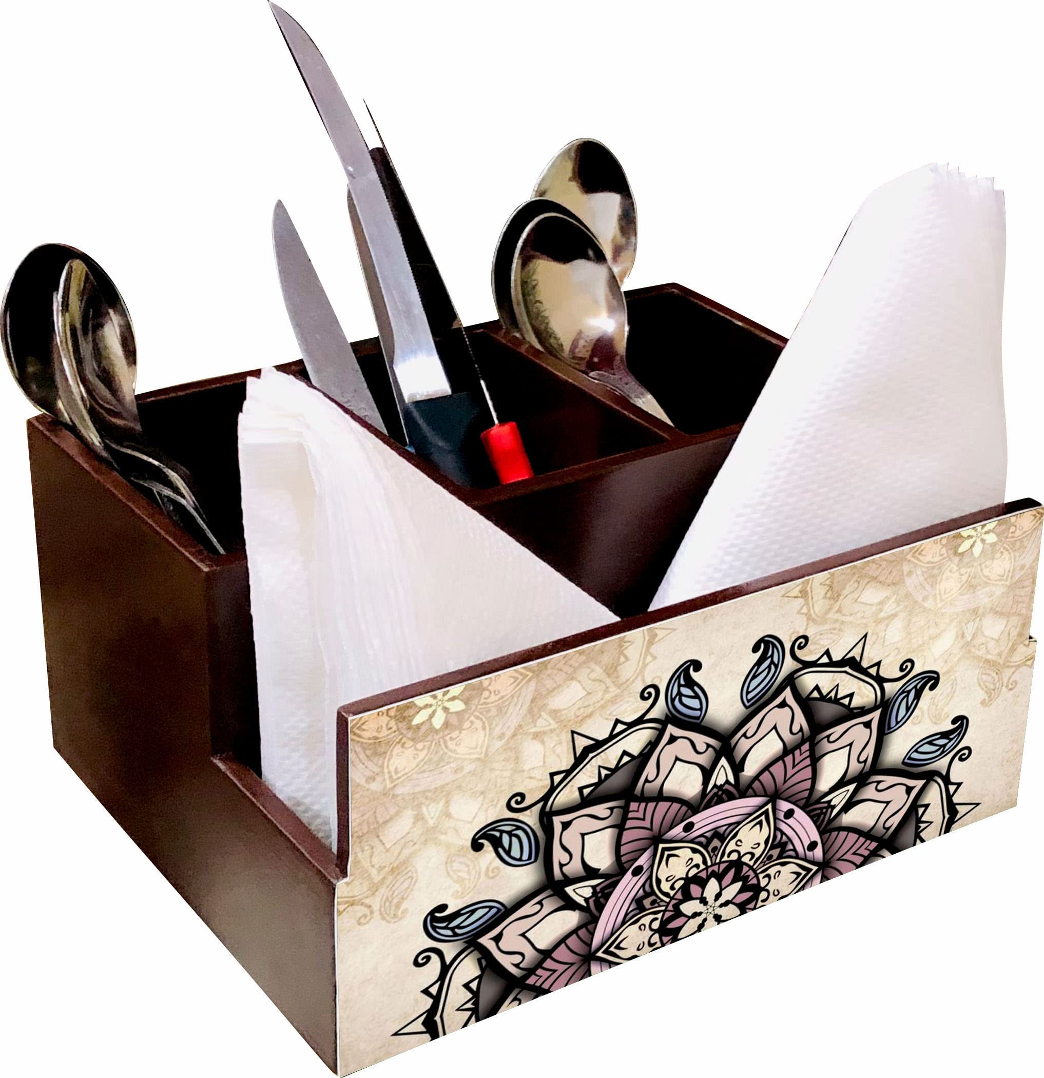 EW Wooden Tissue Cutlery Holder I Desk Supplies Pencil Pen Stationery Stand I Home & Kitchen I Countertop Organizer - Spoon Fork Knife Napkin I Size 8 X 6 X 4 (Brown Cream Rangoli) (B09Y3BTKSL) Amazon Price History, Amazon Price Tracker