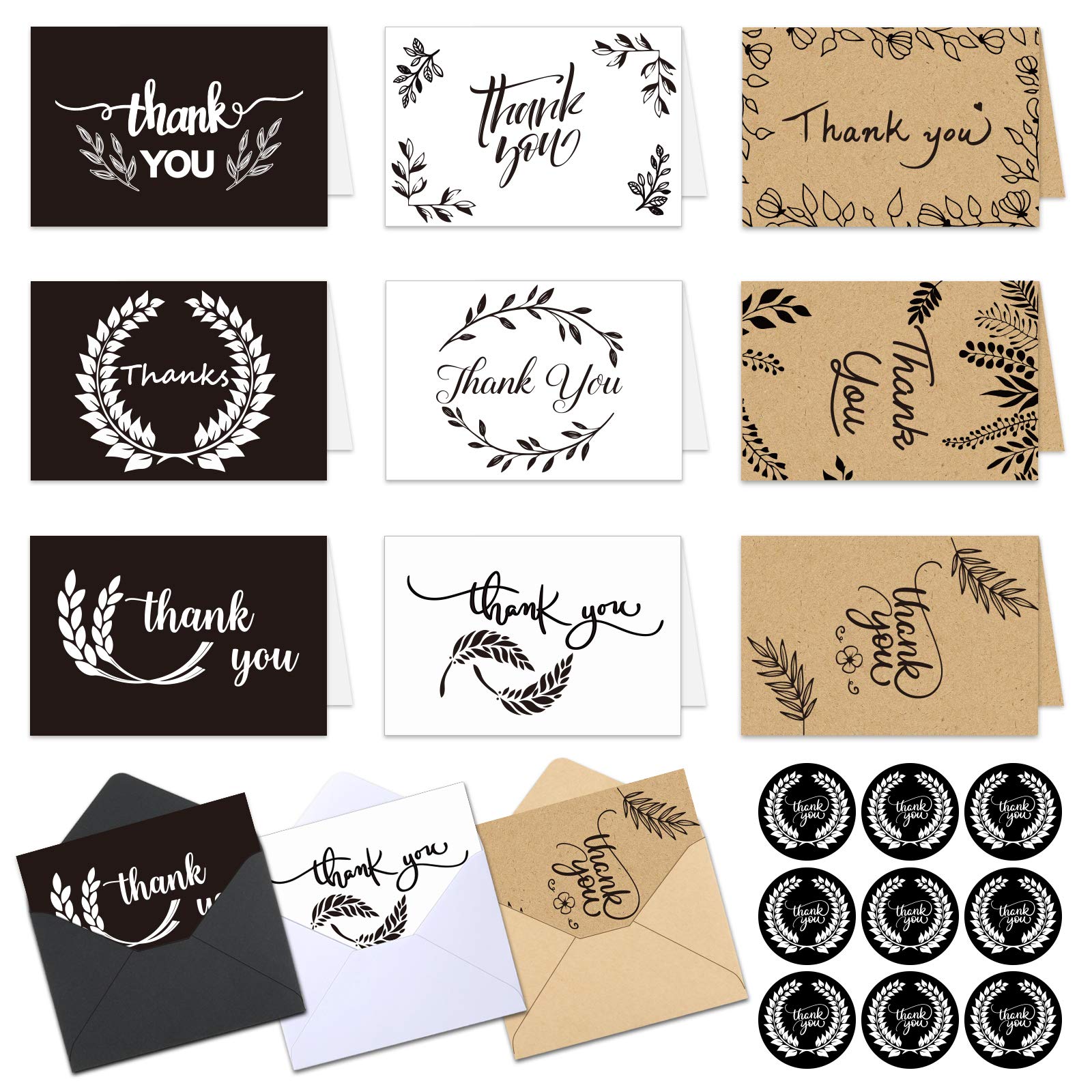 45 Pack Brown Kraft Thank You Notes, Bulk Thank You Greeting Cards with Envelopes for Graduation Thanksgiving Wedding Baby Shower All Occasions