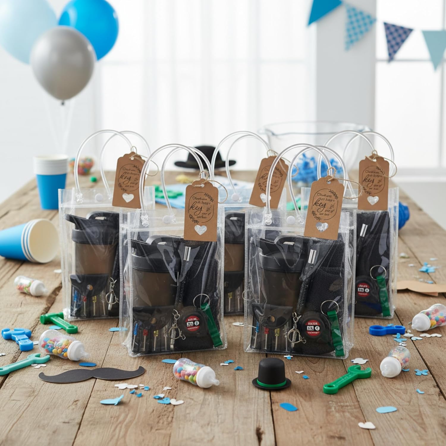 54PCS Baby Shower Prizes for Men 6 Set with Cooling Towels Protein Shaker Cup Bottle Opener Screwdriver Tape Measuring Multi Tool Pen Gift Bag Baby Shower Game Prizes for Winner Bachelor Party