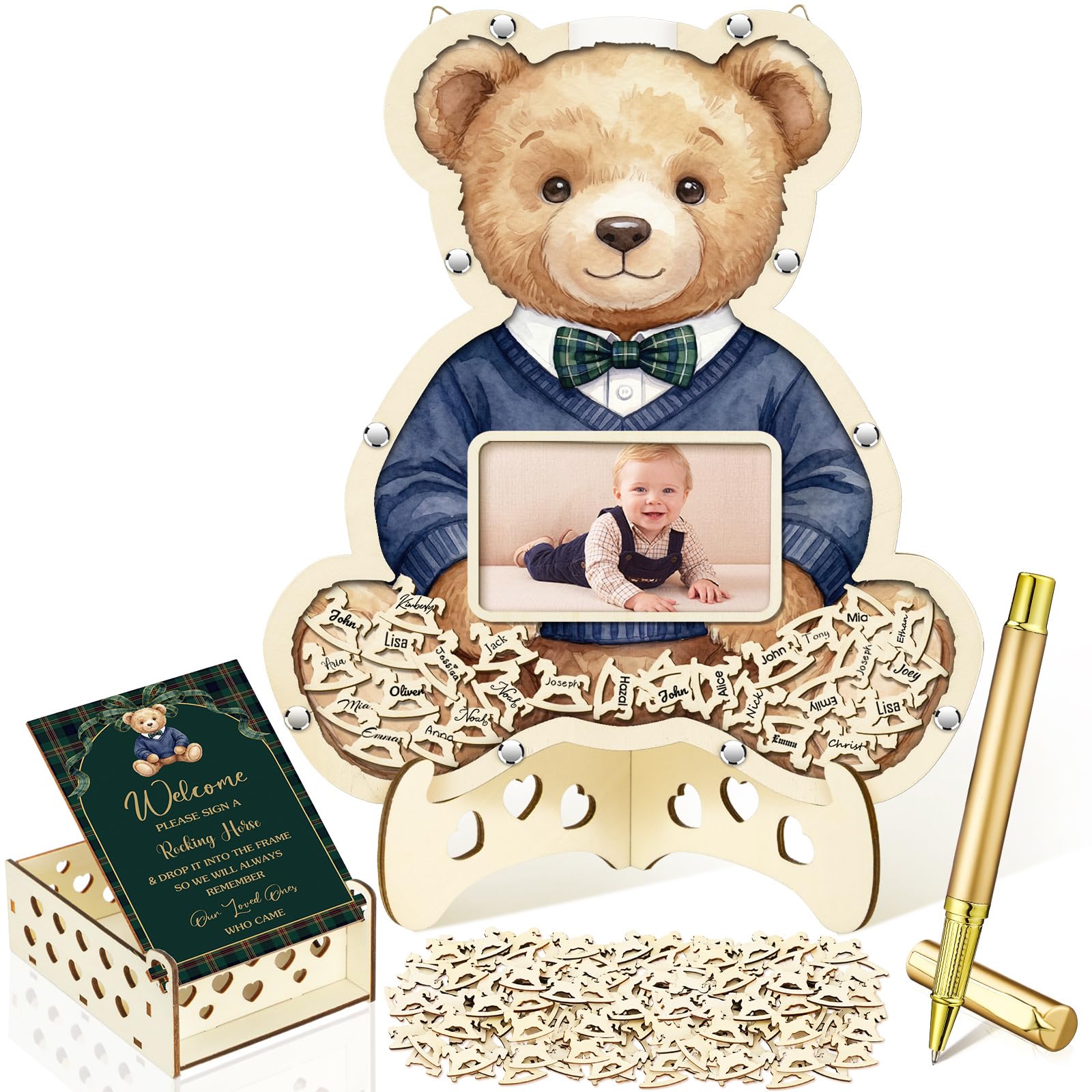 Wenqik 63 Pcs Luxury Equestrian Bear Baby Shower Guest Book,Blue