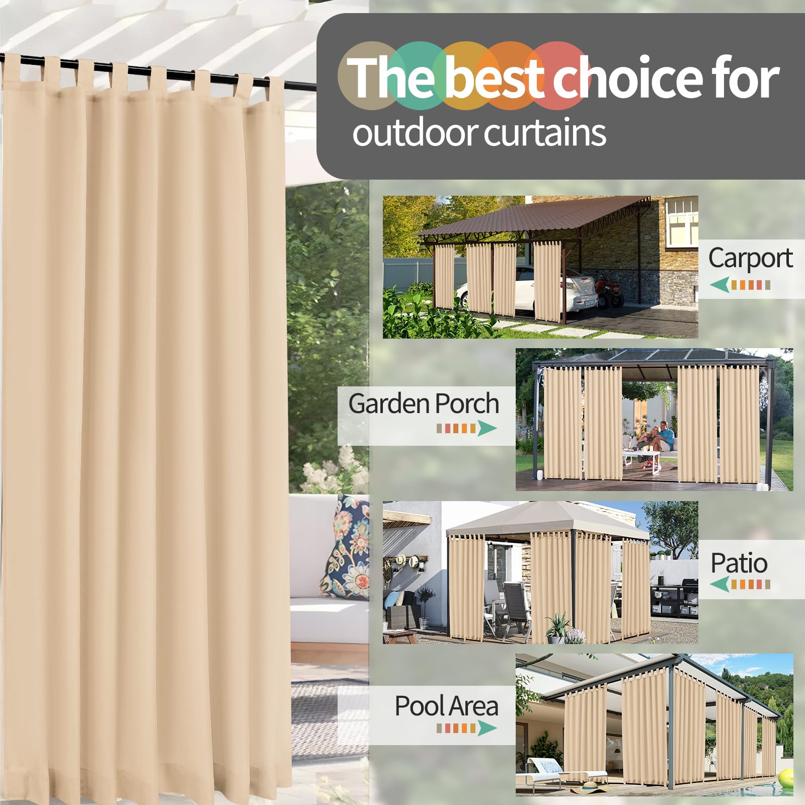 Teruntrue 2 Pezzi Tenda da Esterno Impermeabile con Cerniere in, Tende da Balcone e Terrazza, Protezione Solare e Privacy, con Occhielli Inferiori, H260 x B155 cm, Beige