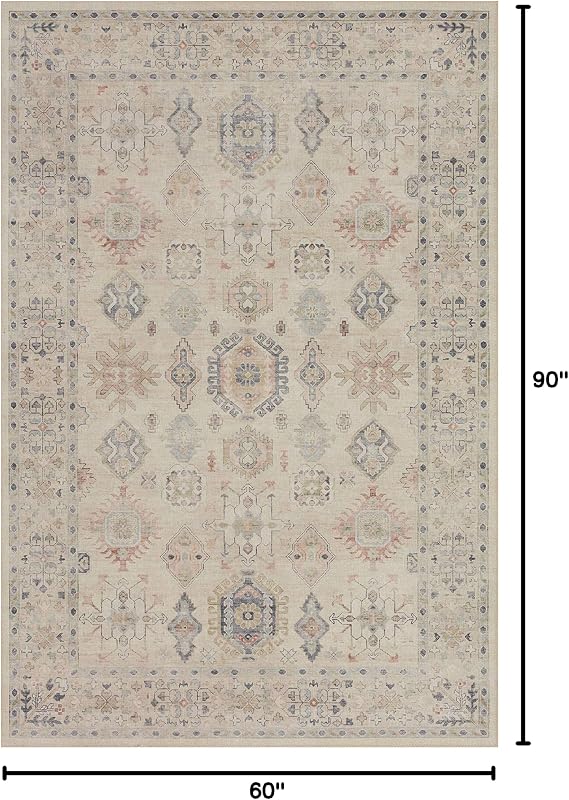 Loloi Hathaway Beige/Multi 5'-0 x 7'-6 Area Rug | HTH-04 Printed Approx. 5x8 Living room Dining room Bedroom, Vintage Inspired, Modern, Area Rug