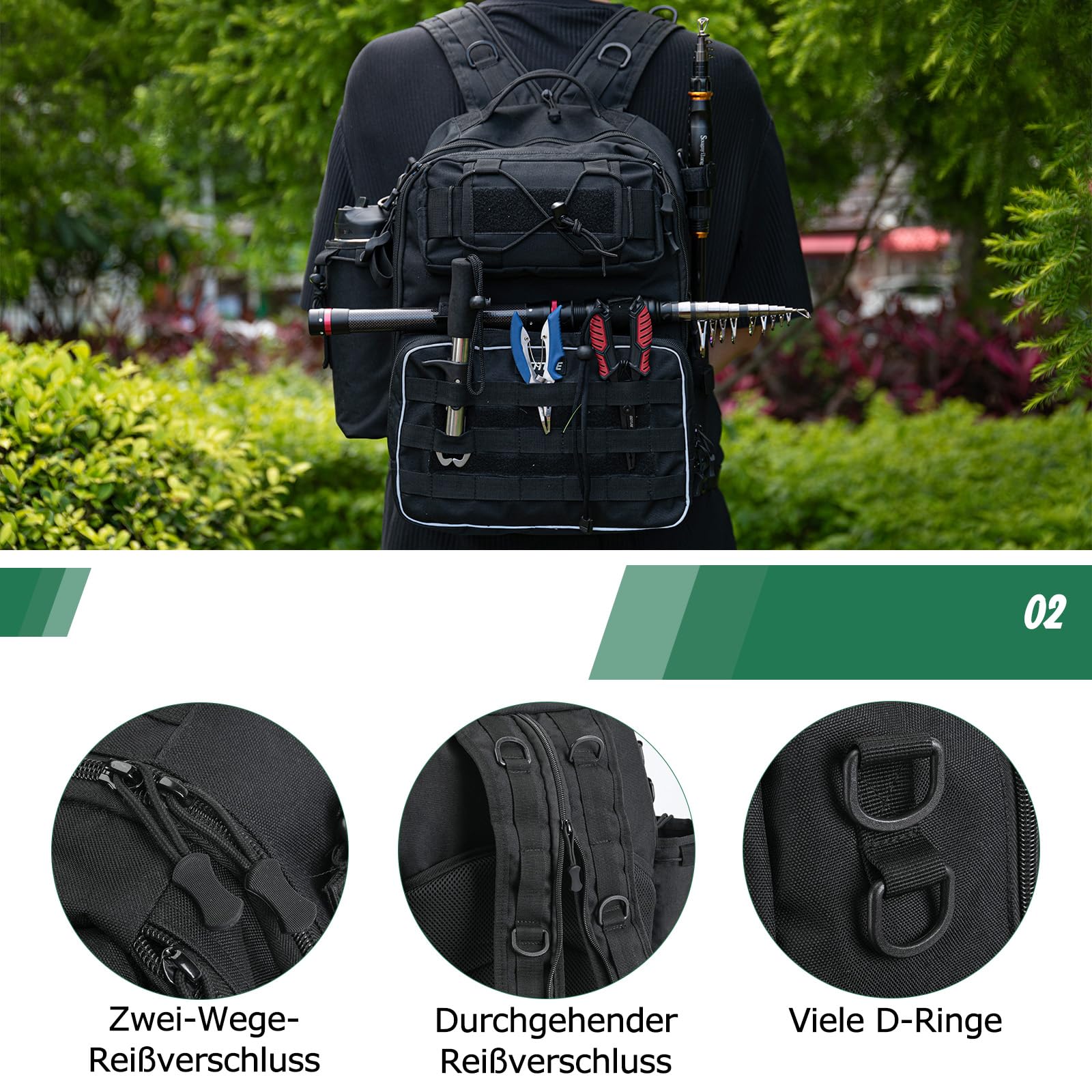 Goture Angelrucksack mit 2 Köderbox Angeln, Angelzubehör-Rucksack mit Rutenhalter, Tasche für Salzwasser- und Süßwasserfischen Angeltasche