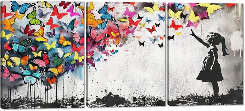 Graffiti Wall Art Banksy Butterfly Girl Canvas Print Street Art Wall Decor Colorful Butterflies Picture Painting Modern Poster Artwork for Kids Room Living Room Bedroom Home, Framed 12x16 inx3 Piecs