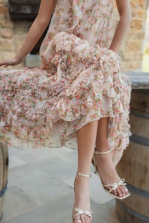 Sleeveless Floral Chiffon Ruffle High Low Dress