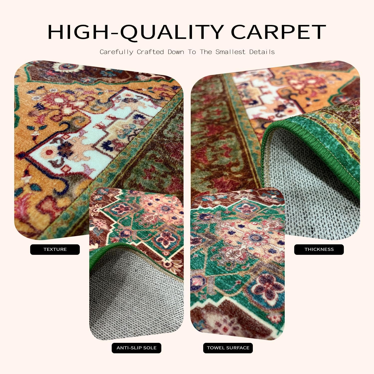 2‘x6’ Washable Boho Runner Rug (Brown and Green) | Non Slip Rubber Backing Low Pile Stain Resistant Carpet for Hallway Kitchen Bathroom Laundry Room, Pet Friendly