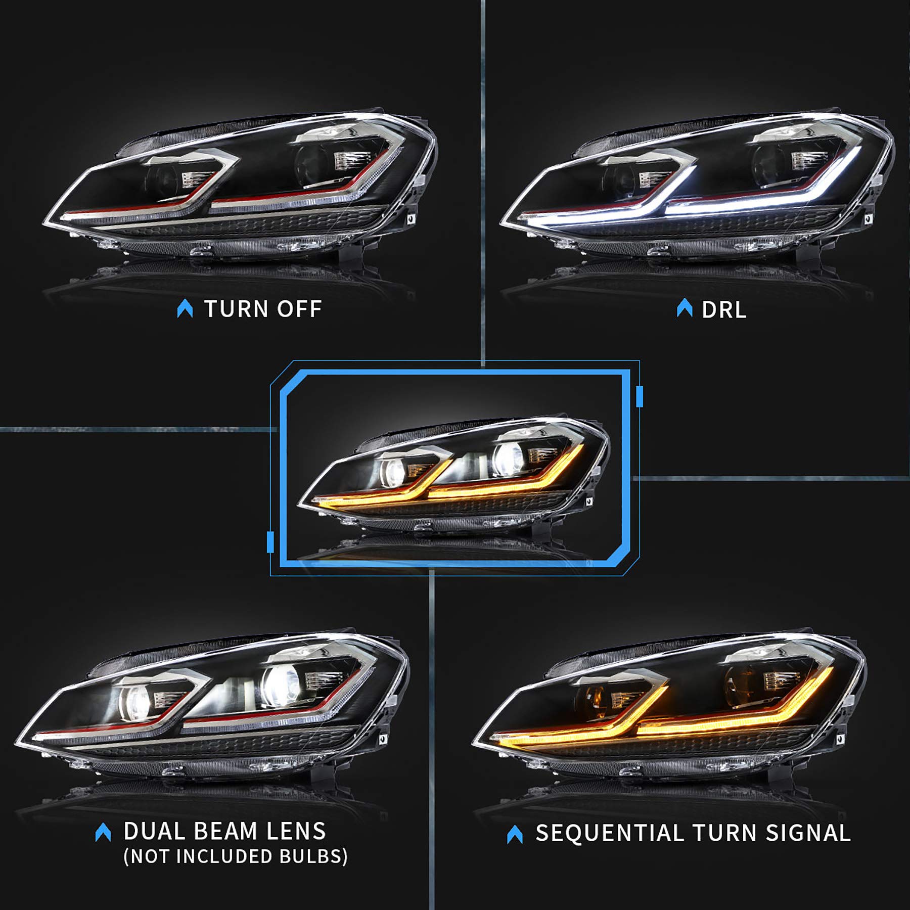 VLAND Faros delanteros y luces traseras para Golf 7 MK7 TDI TSI 2013-2017, luces traseras con indicador secuencial,con itv