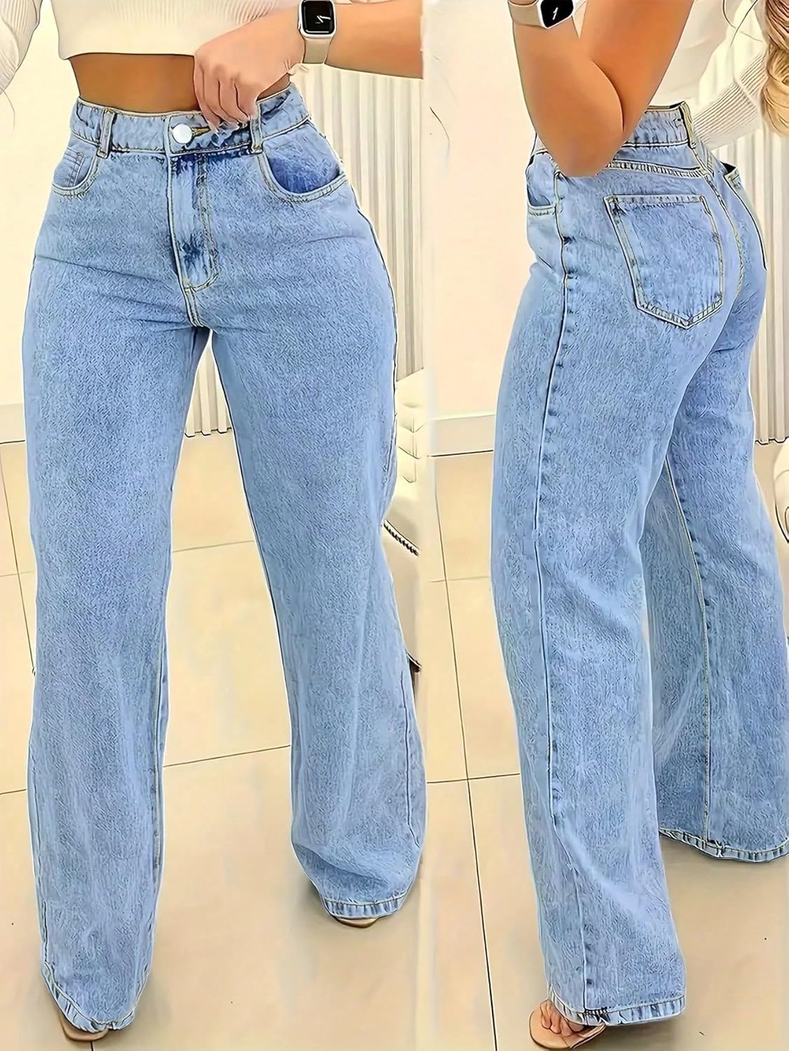Jeans for Women Trendy Straight Wide Leg Denim Pants Vintage wash Boyfriend Casual Pockets Loose Jeans - Image 3