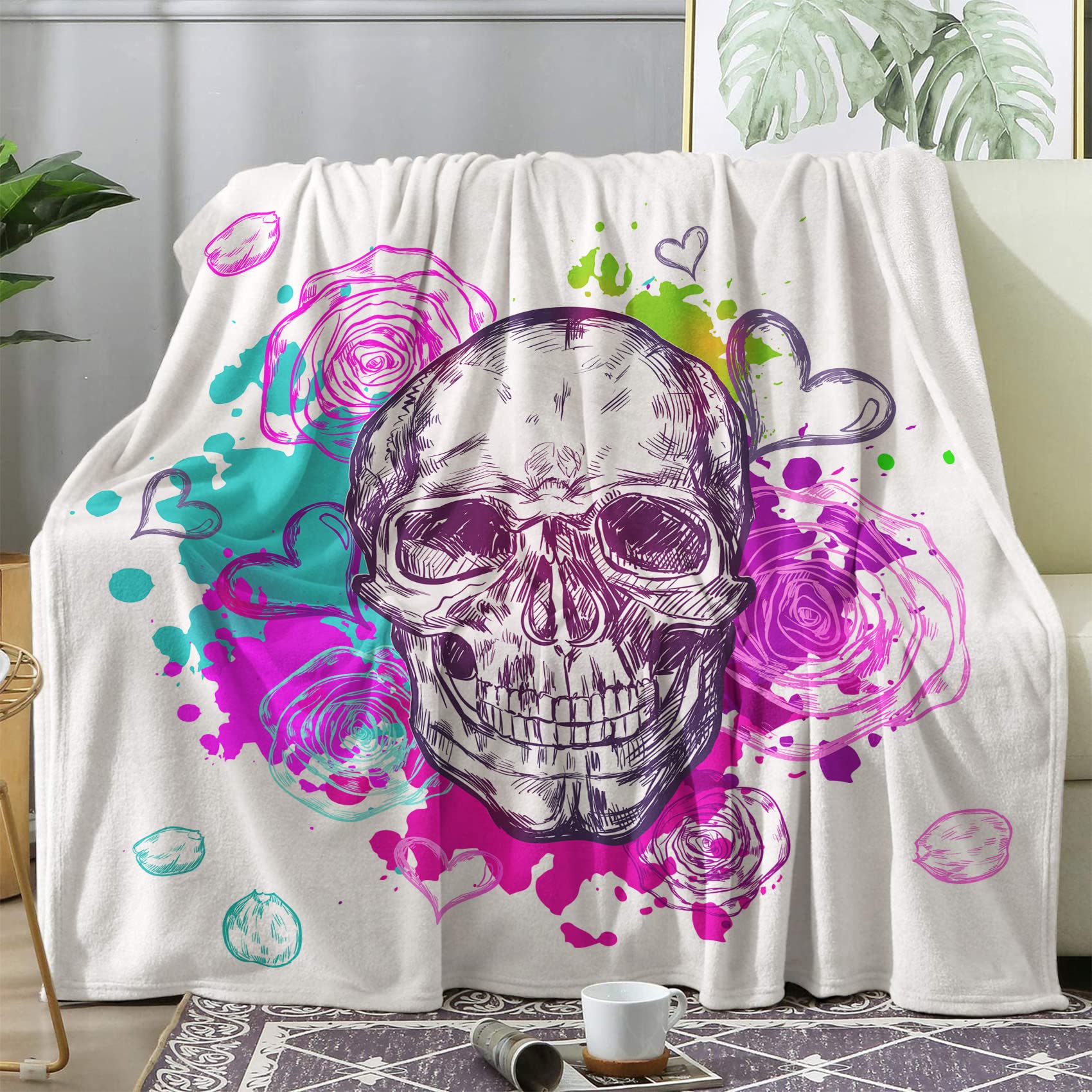 Couverture polaire 220x240 BUKITA crâne coloré pour lit 2 personnes