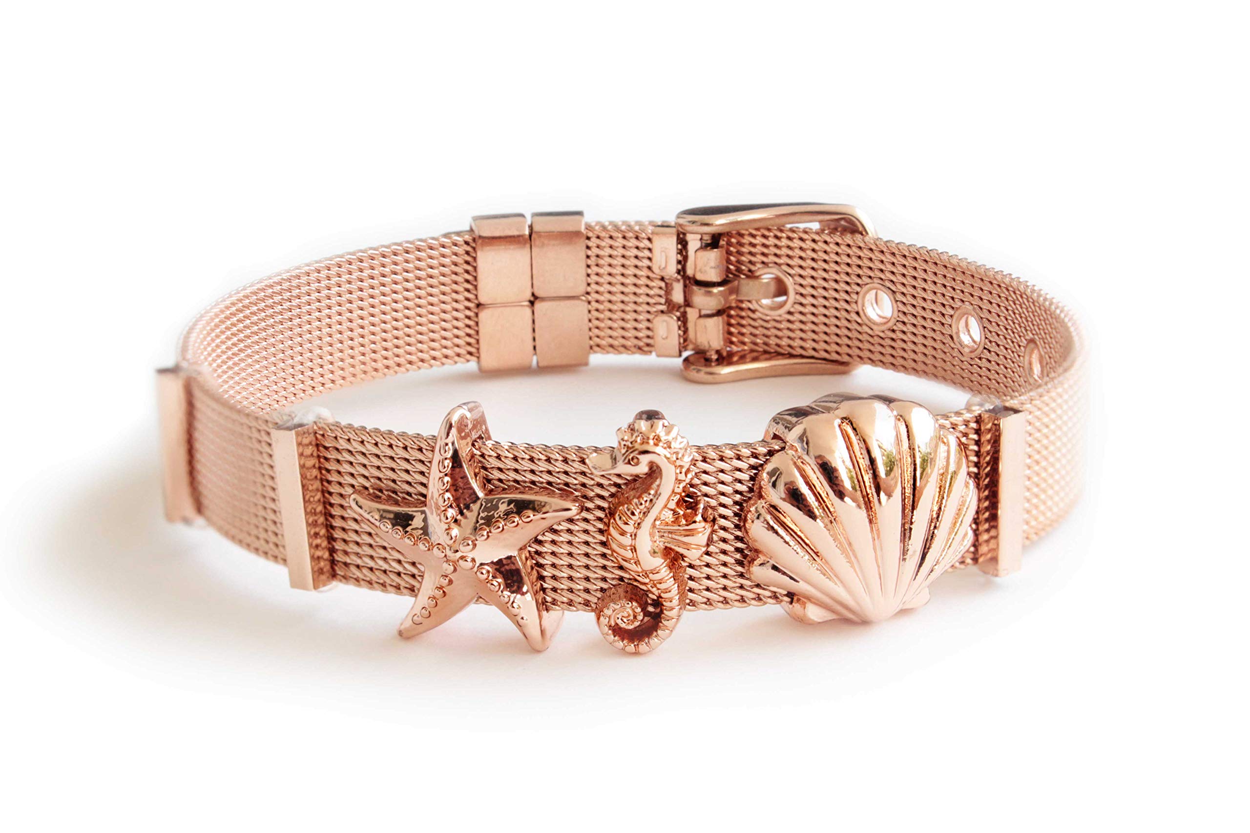 "Oceanlover juego de joyas | pulsera de encanto con tres encantos marítimos - concha, estrella de mar, caballito de mar | disponible en plata, oro, oro rosa | color: oro rosa