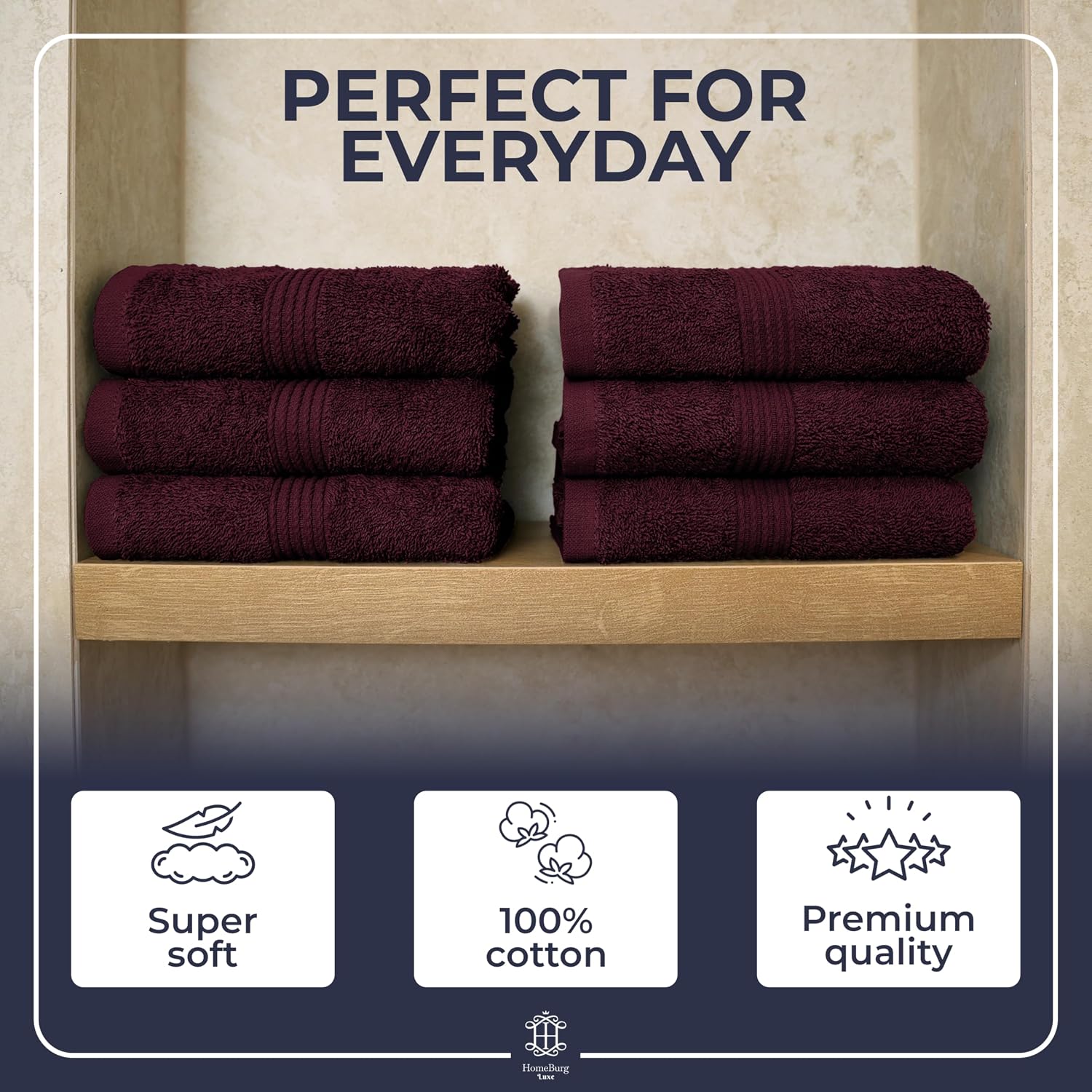 Luxe 6-Piece Hand Towel Set – Soft & Absorbent Cotton, Hotel Quality, Quick-Drying, Easy Care, 16 x 28 in, Velvet Wine