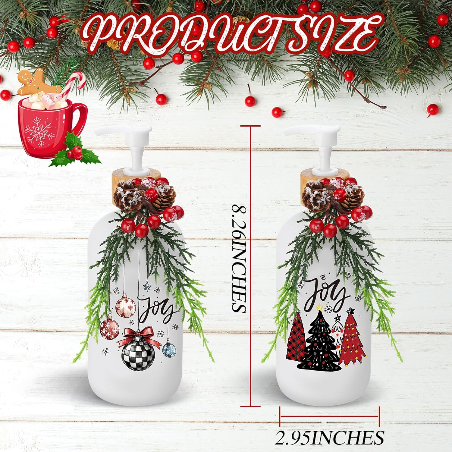 Patelai 2 Pack Christmas Soap Dispenser for Bathroom Kitchen Decoration Pine Branch Refillable Hand Soap Dispenser with Pump Snowflake Christmas Tree Ball for Winter Farmhouse Indoor Decoration Gift