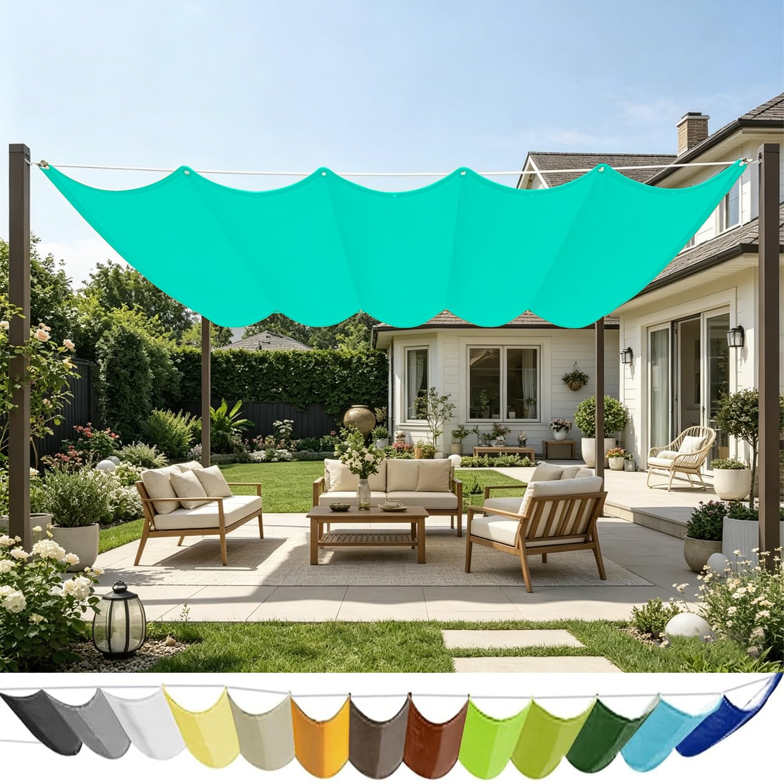 Toile parasol rétractable en vague pour pergola de terrasse et camping 190 x 1000 cm bleu