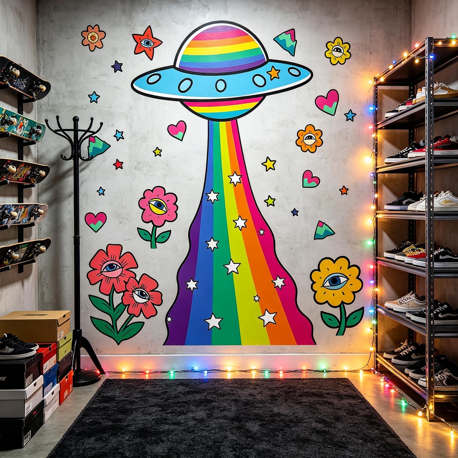 Psychedelic Rainbow UFO Eye Floral Flower Star Heart Wall Decals Decor | Indie aesthetic light beam peel and stick wall stickers & mural, removable vinyl wall art for living room bedroom dorm