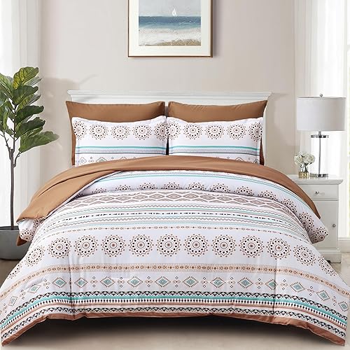 Juego de edredón bohemio tamaño King, juego de cama de 7 piezas en una bolsa, juego de ropa de cama a rayas caqui, edredón floral de cachemira y