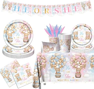 Teddy Bear Gender Reveal Decorations 142Pcs Boy or Girl Gender Reveal Supplies Include Paper Plates Napkins Tablecloth Cups for Pink Blue Bear Baby Shower Decorations